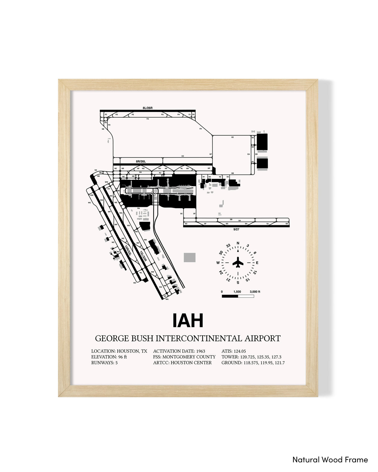 Detailed Airport Map of George Bush Intercontinental Houston Airport (IAH) in White with a Natural Frame