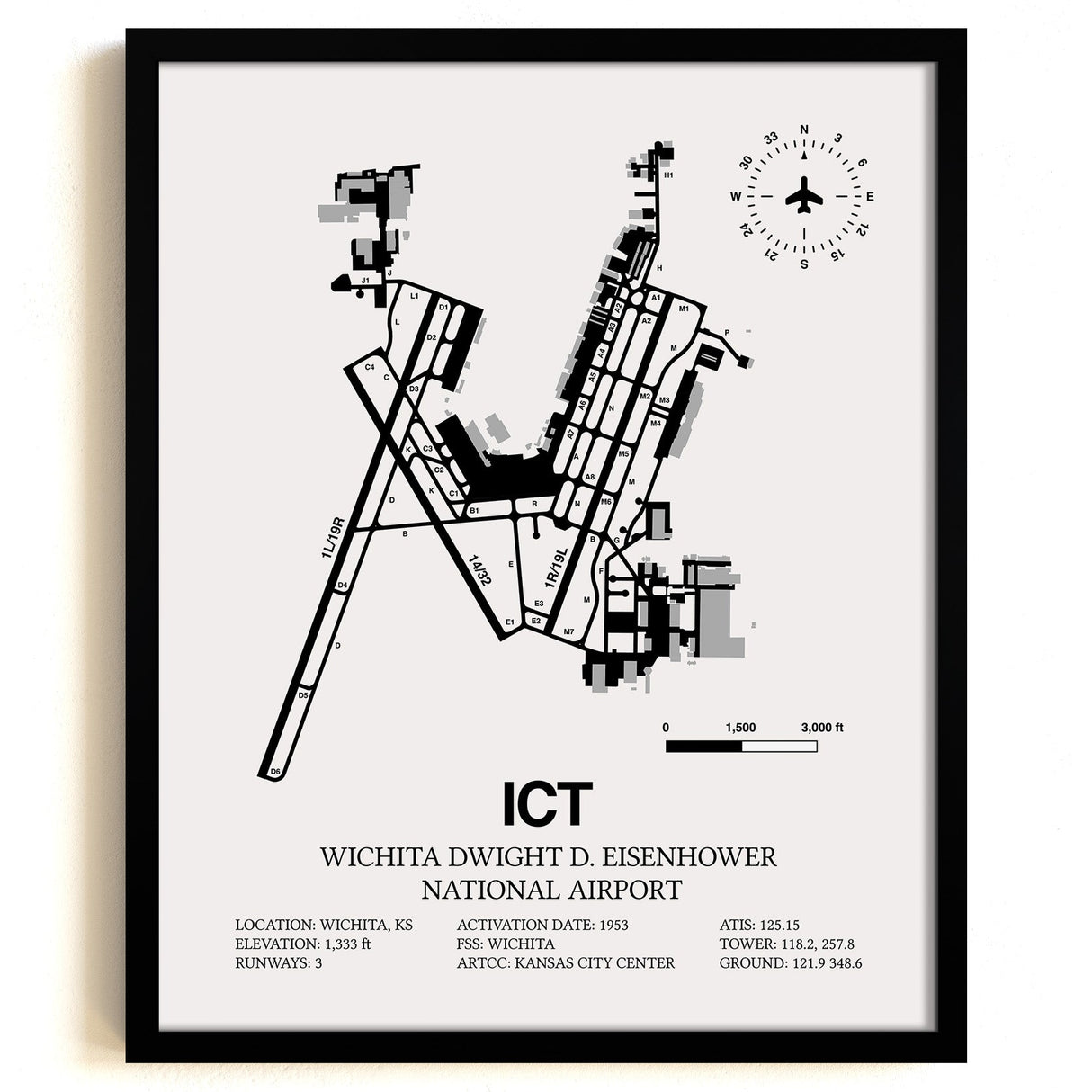 Framed Detailed Airport Map of Wichita Dwight D. Eisenhower National Airport (ICT) in White with a Black Frame