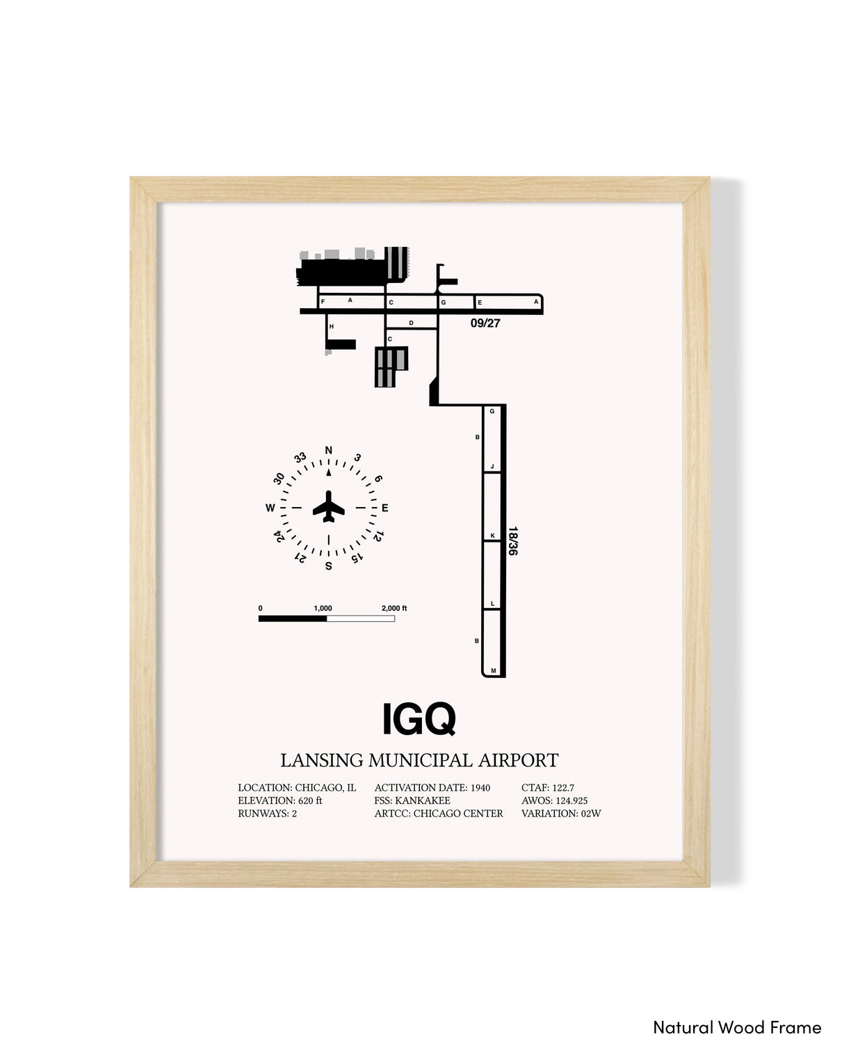 Detailed Airport Map of Lansing Municipal Airport (IGQ) in White with a Natural Frame