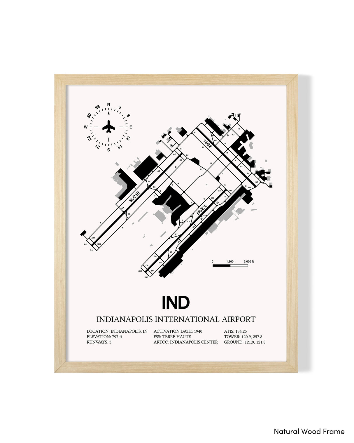 Detailed Airport Map of Indianapolis International Airport (IND) in White with a Natural Frame