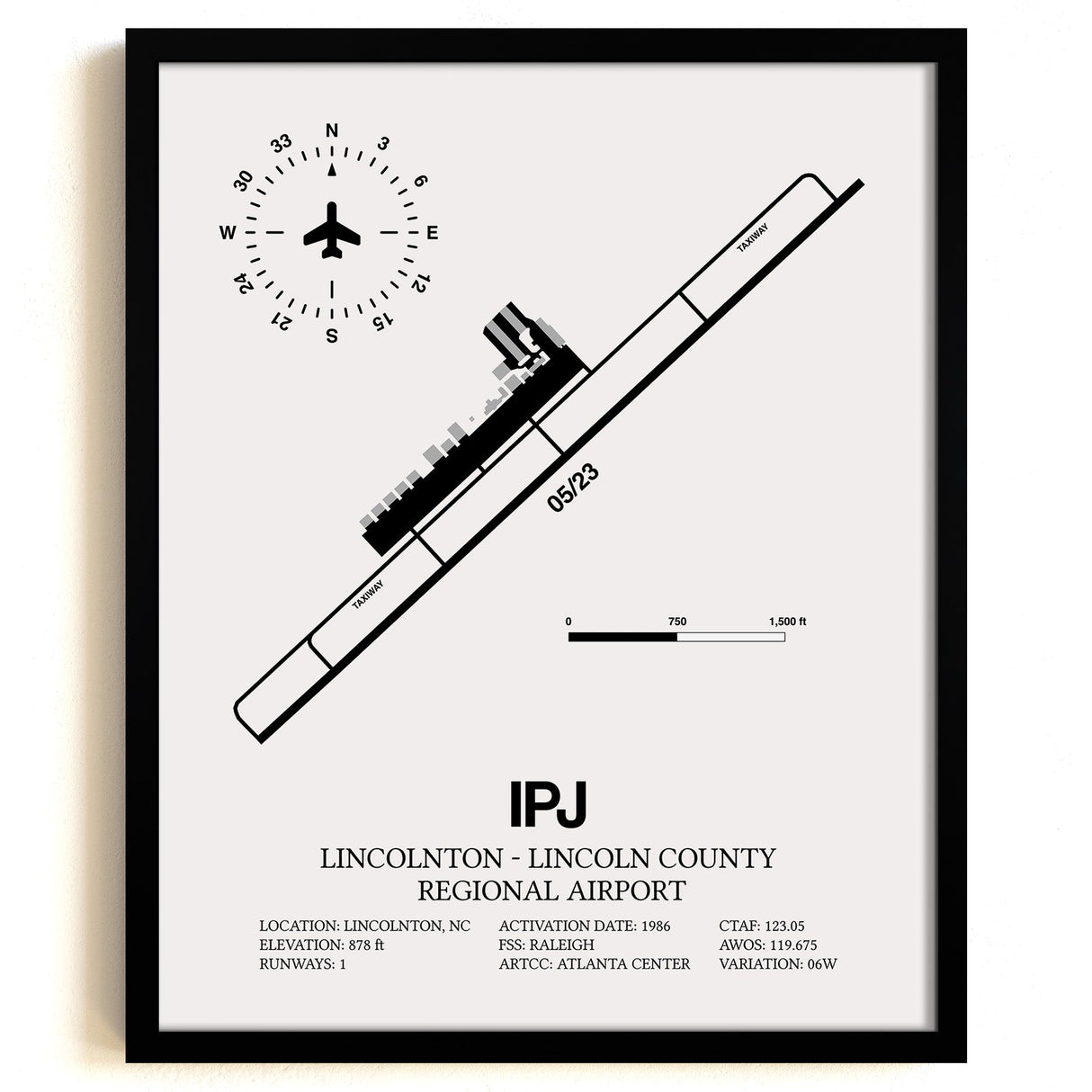 Framed Detailed Airport Map of Lincolnton-Lincoln County Regional Airport (IPJ) in White with a Black Frame