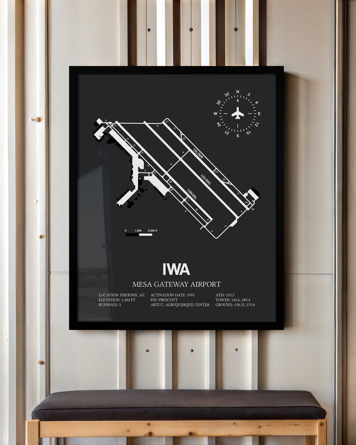 Framed Detailed Airport Map of Phoenix Mesa Gateway Airport (IWA) in Gray with a Black Frame