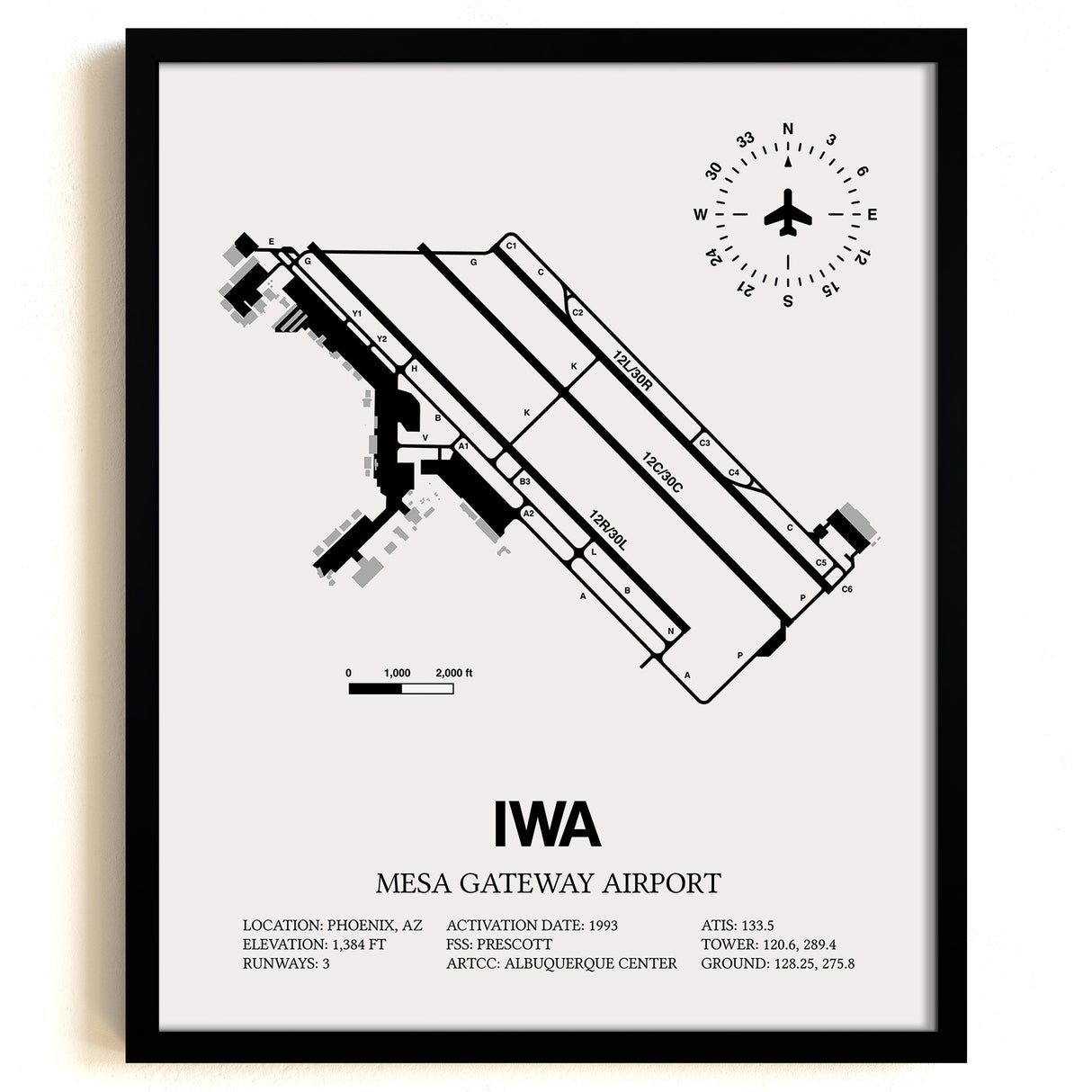 Framed Detailed Airport Map of Phoenix Mesa Gateway Airport (IWA) in White with a Black Frame