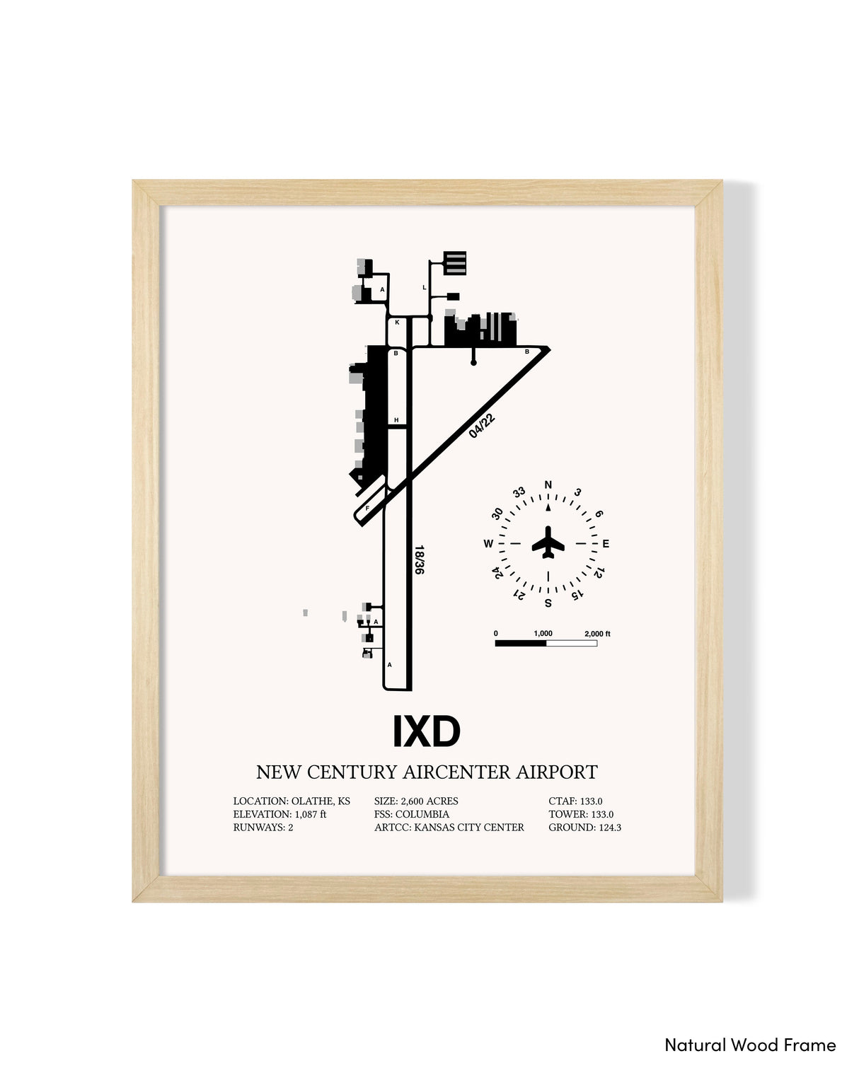 Detailed Airport Map of New Century Aircenter Airport (IXD) in White with a Natural Frame