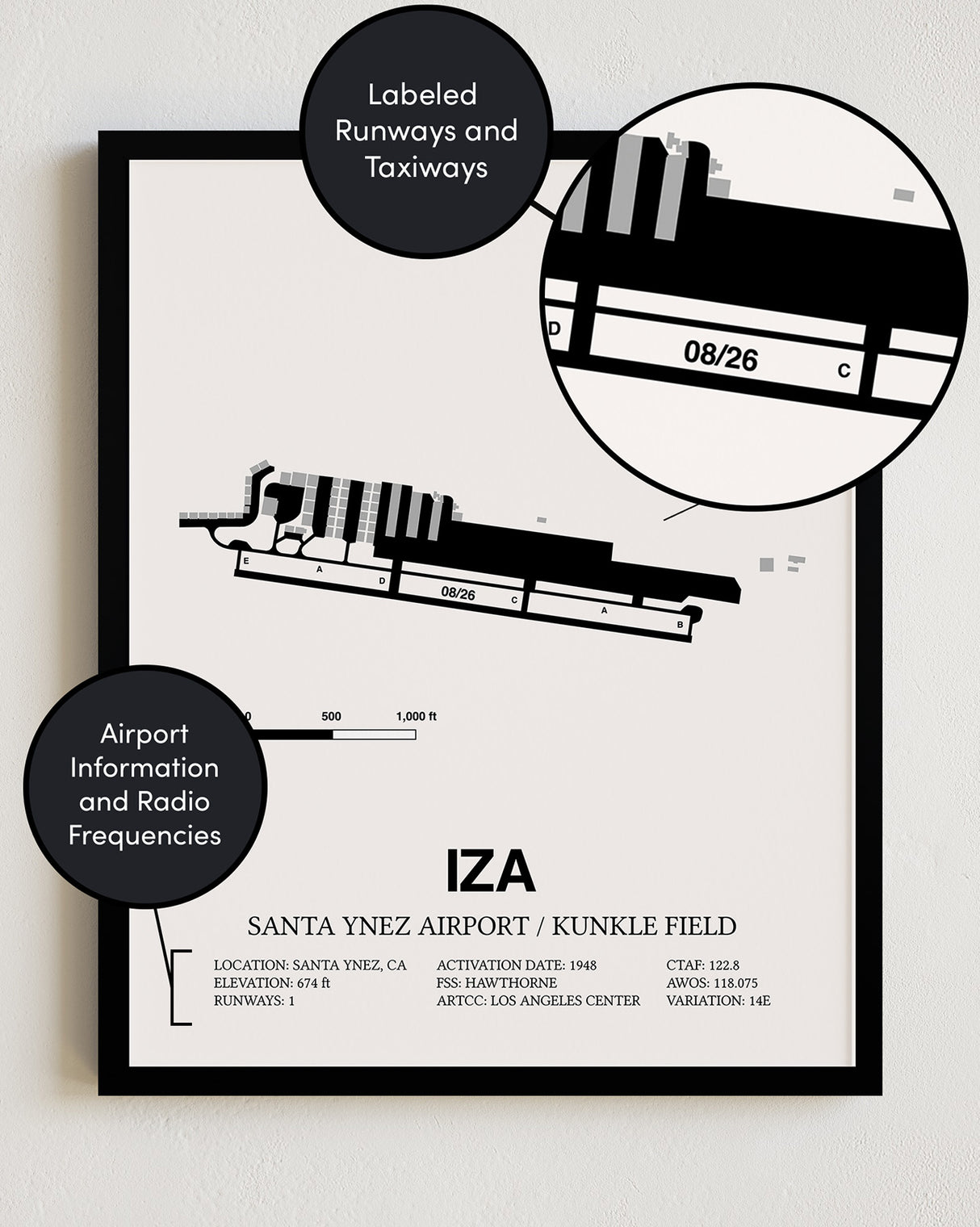 Framed Detailed Airport Map of Santa Ynez Airport / Kunkle Field (IZA) in White with a Black Frame