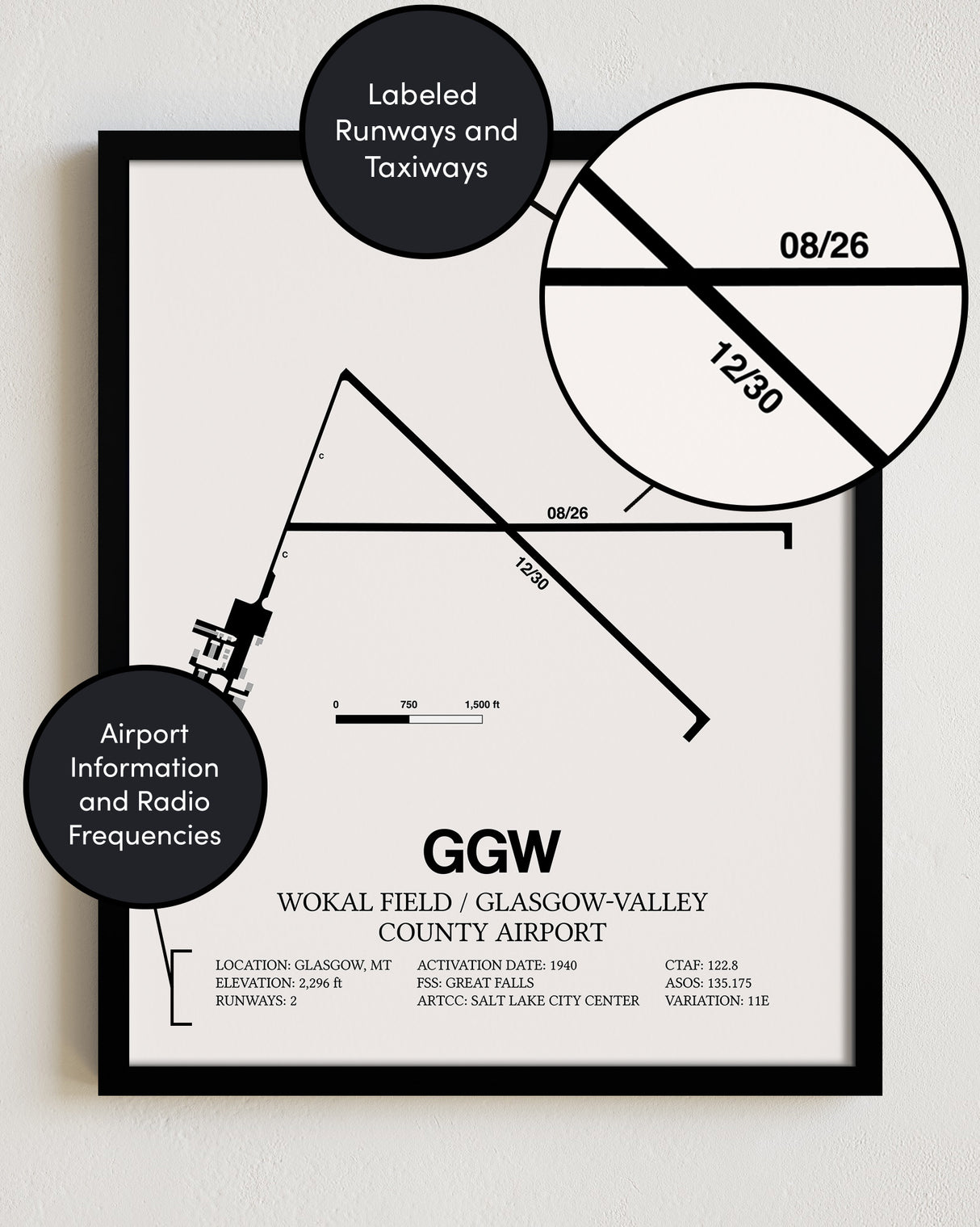 GGW Airport Map, Wokal Field / Glasgow-Valley County Airport Print