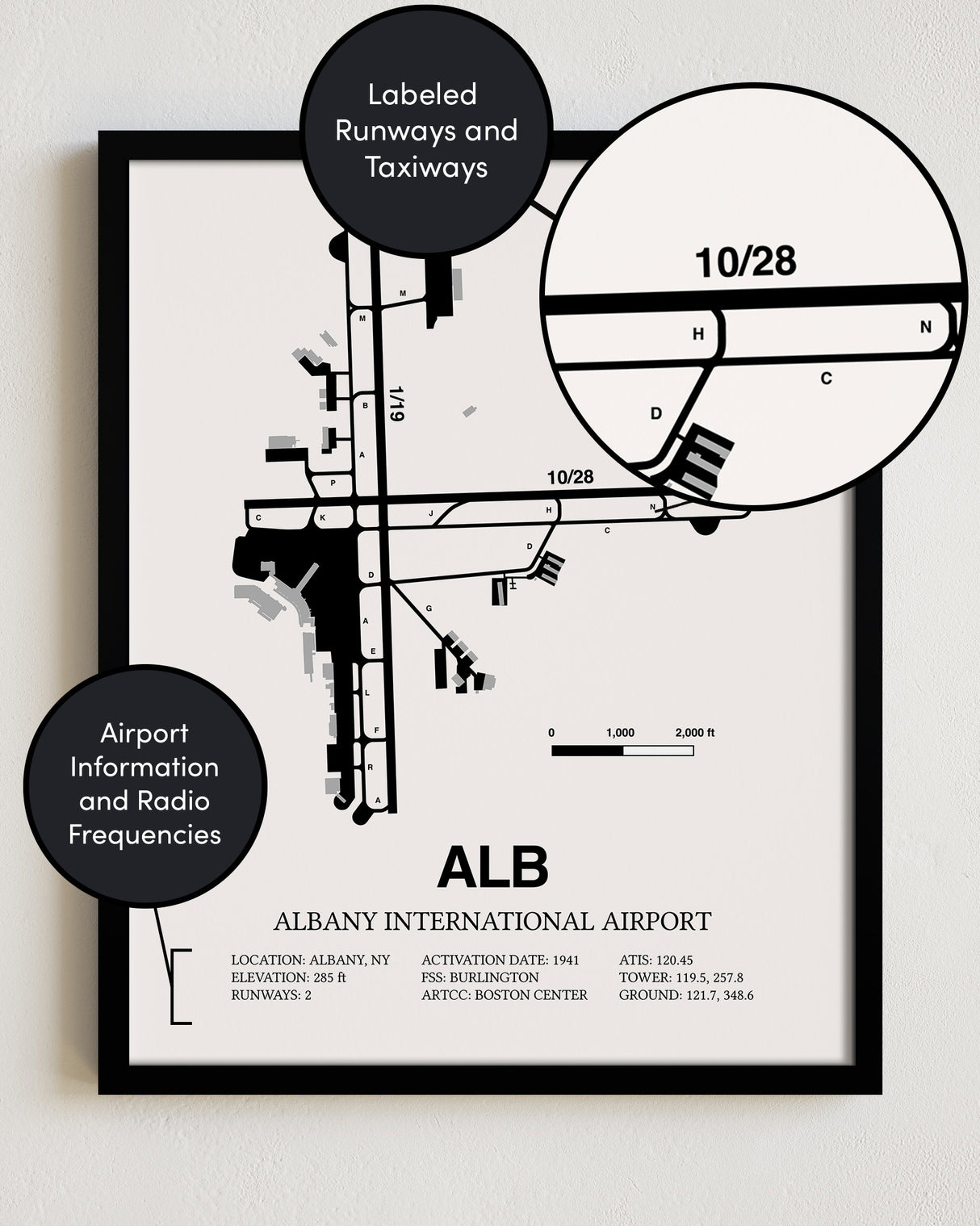 Framed Detailed Airport Map of Albany International Airport (ALB) in White with a Black Frame