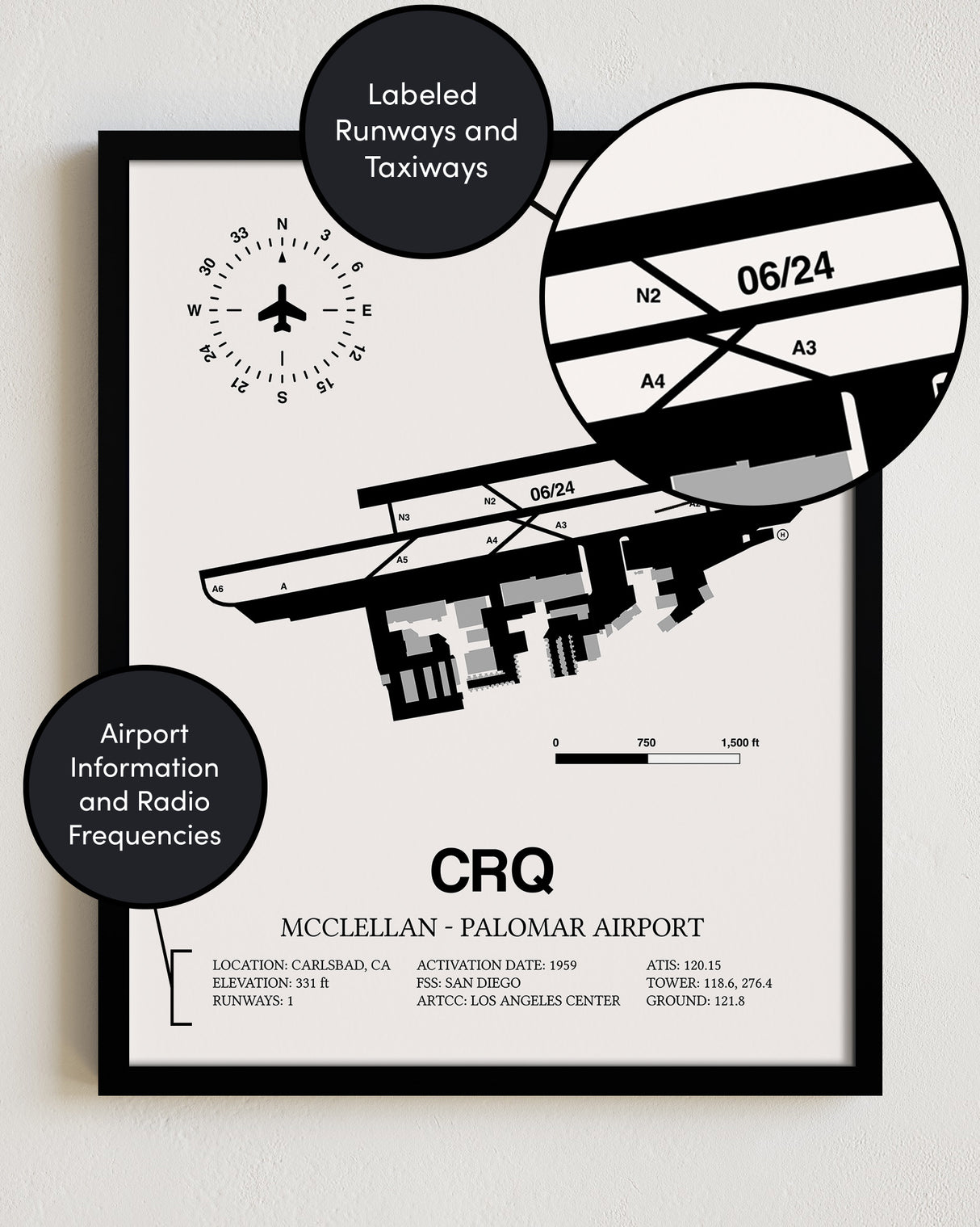 CRQ Airport Map, McClellan-Palomar Airport Print