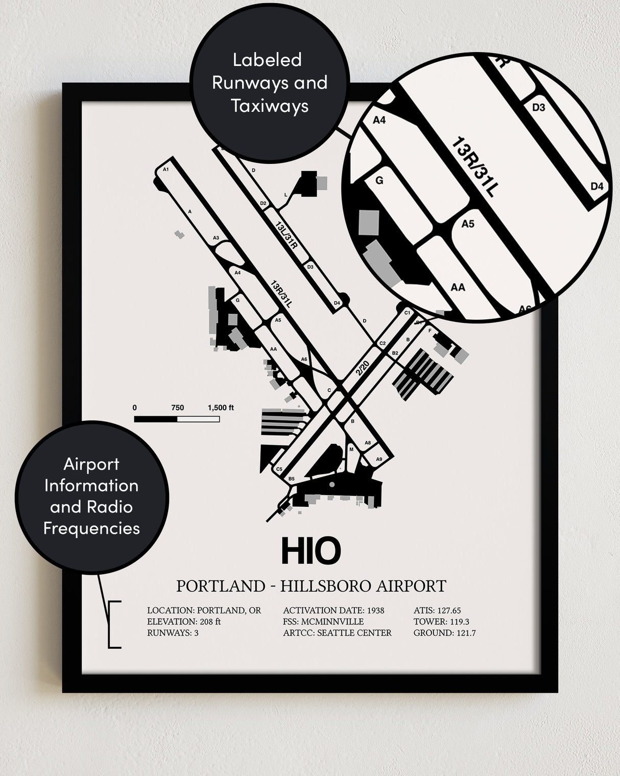 Framed Detailed Airport Map of Portland - Hillsboro Airport (HIO) in White with a Black Frame