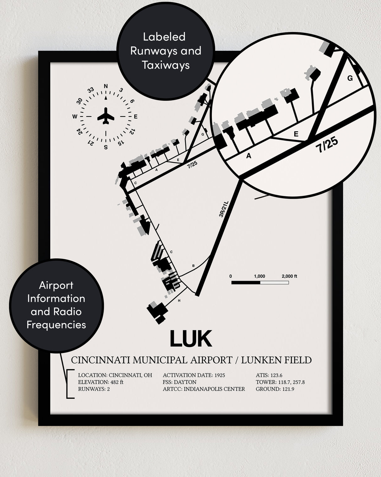 Framed Detailed Airport Map of Cincinnati Municipal Airport Lunken Field (LUK) in White with a Black Frame