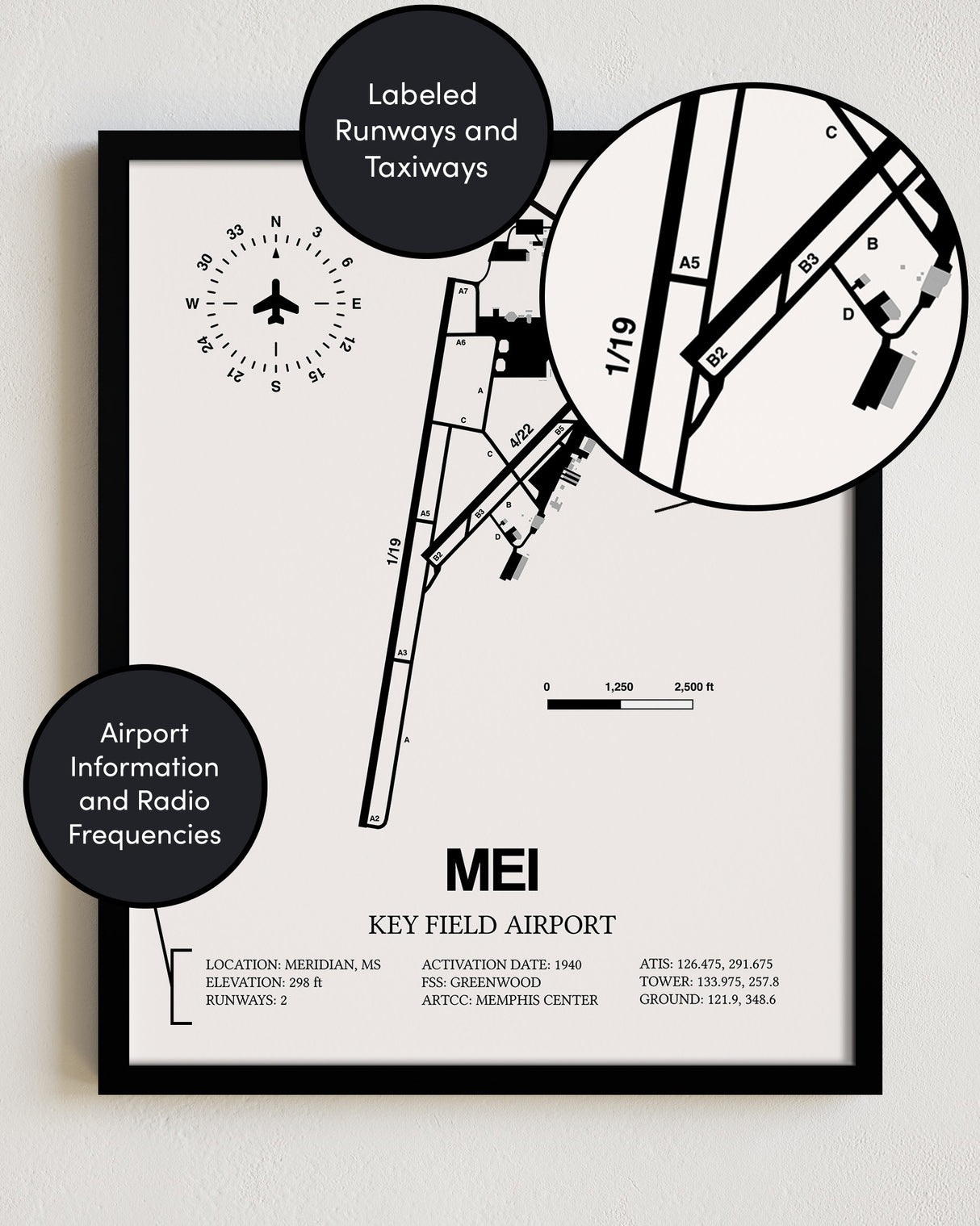 Framed Detailed Airport Map of Key Field Airport (MEI) in White with a Black Frame