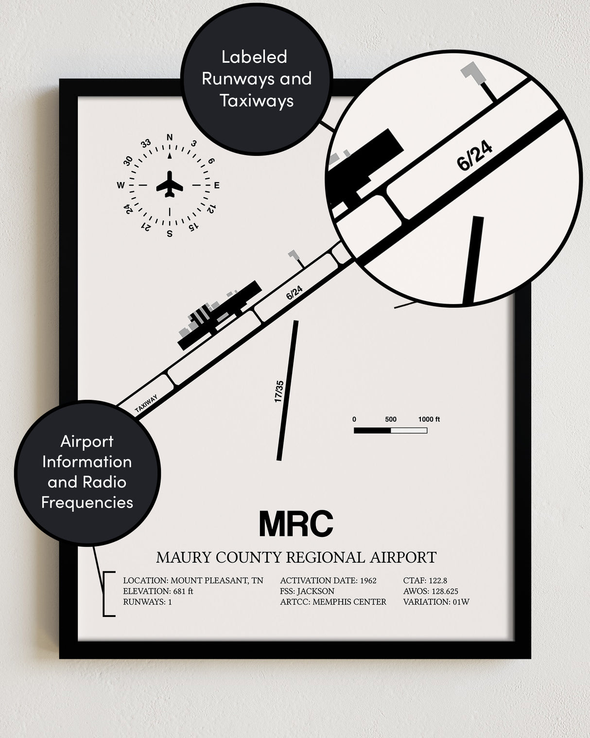 Framed Detailed Airport Map of Maury County Regional Airport (MRC) in White with a Black Frame