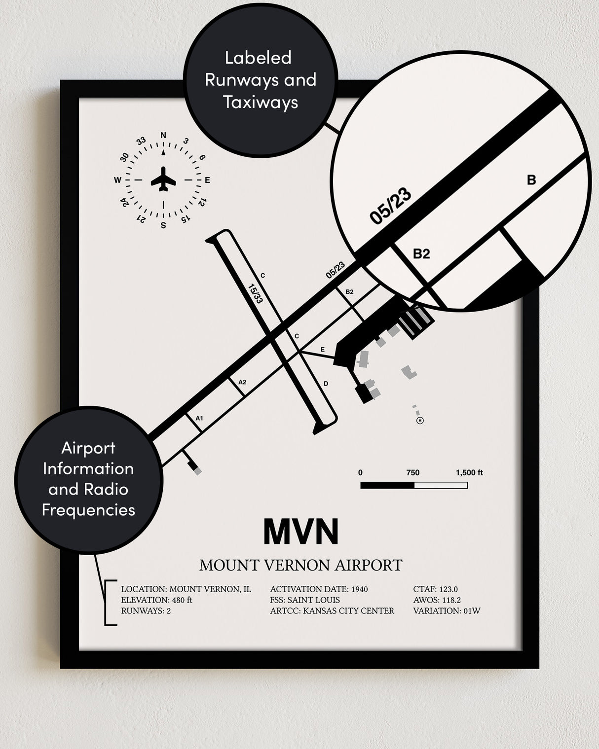Framed Detailed Airport Map of Mount Vernon Airport (MVN) in White with a Black Frame