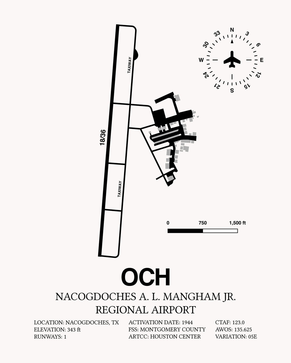 Framed Detailed Airport Map of Nacogdoches A. L. Mangham Jr. Regional Airport (OCH) in White with a Black Frame
