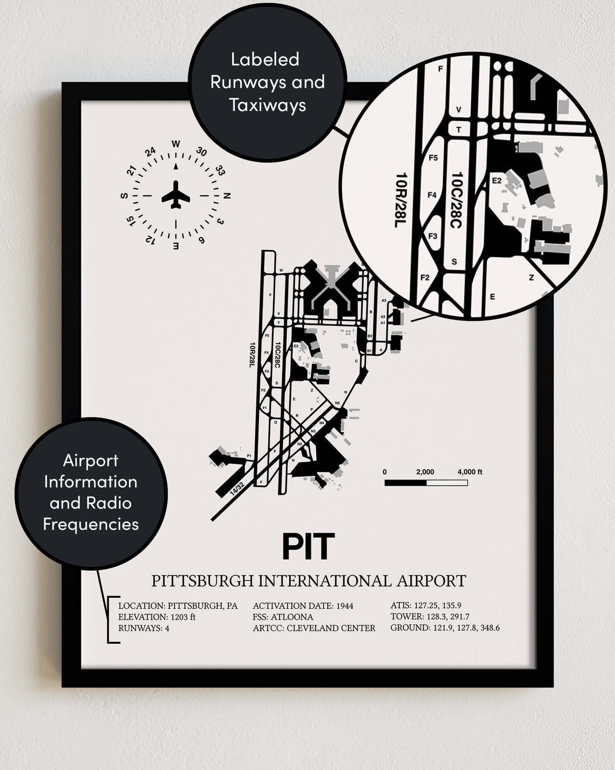 Framed Detailed Airport Map of Pittsburgh International Airport (PIT) in White with a Black Frame