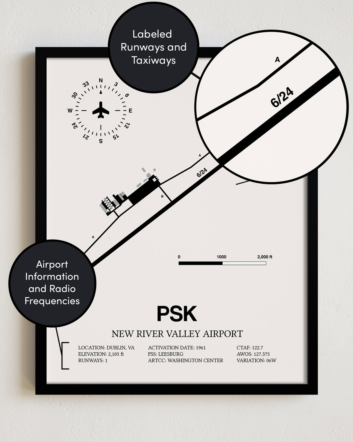 Framed Detailed Airport Map of New River Valley Airport (PSK) in White with a Black Frame