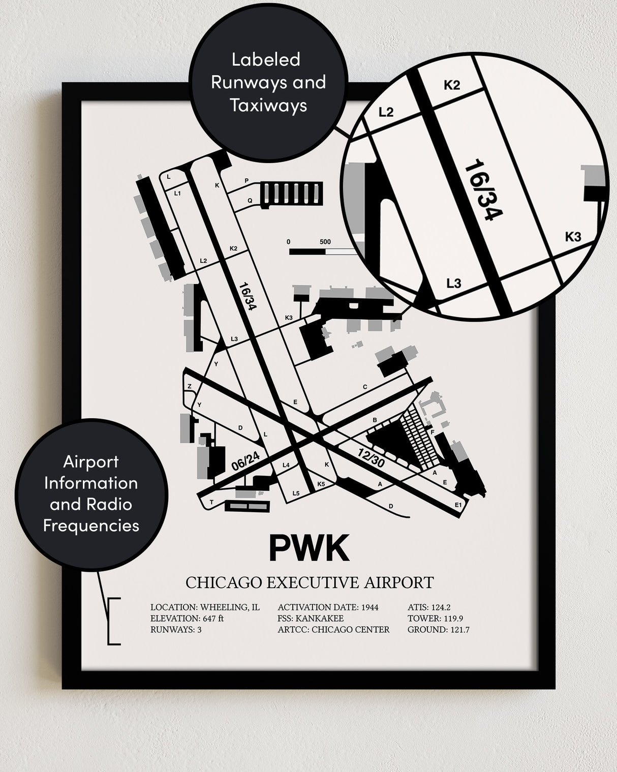 PWK Airport Map, Chicago Executive Airport Print