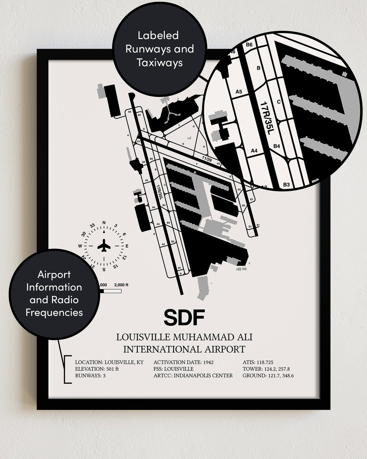Framed Detailed Airport Map of Louisville Muhammad Ali International Airport (SDF) in White with a Black Frame