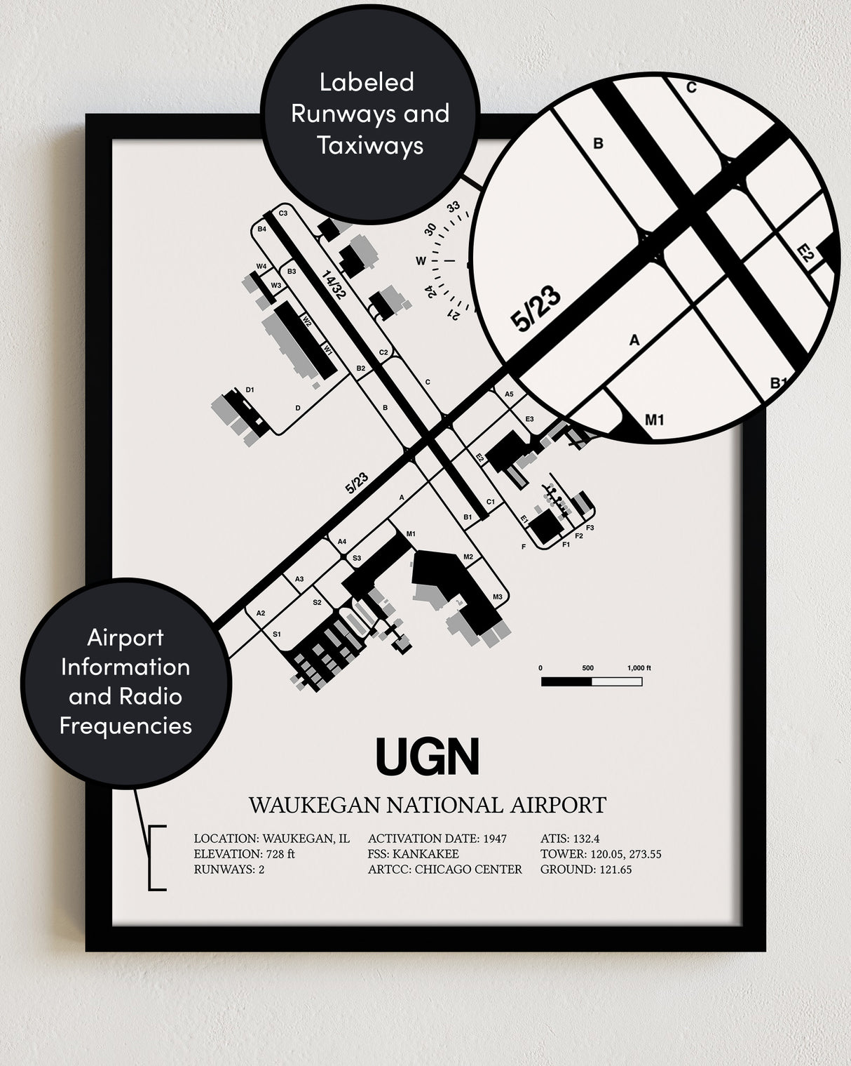 Framed Detailed Airport Map of Waukegan National Airport (UGN) in White with a Black Frame