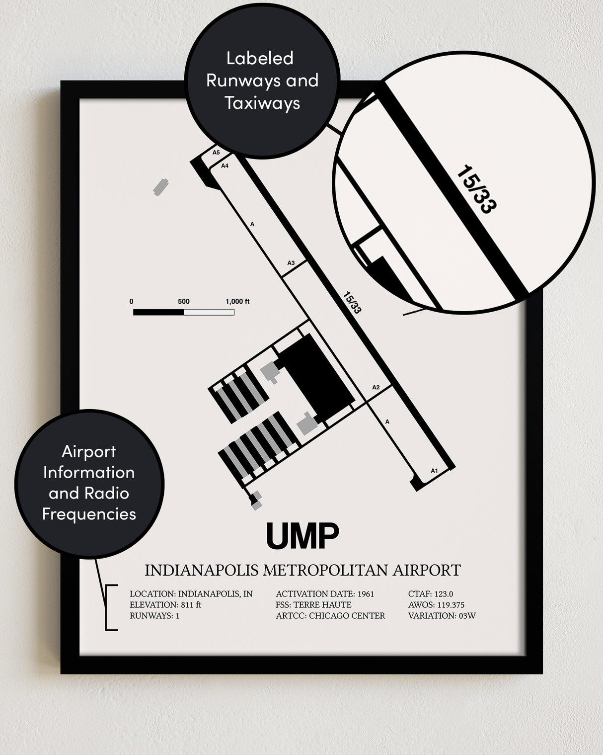Framed Detailed Airport Map of Indianapolis Metropolitan Airport (UMP) in White with a Black Frame