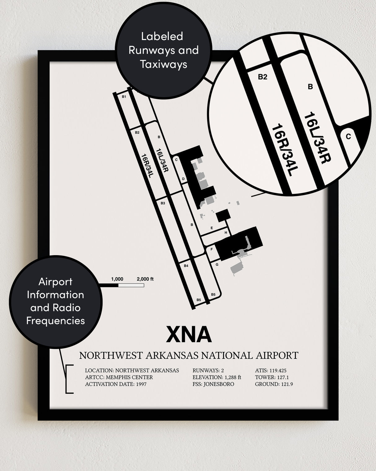 Framed Detailed Airport Map of Northwest Arkansas National Airport (XNA) in White with a Black Frame