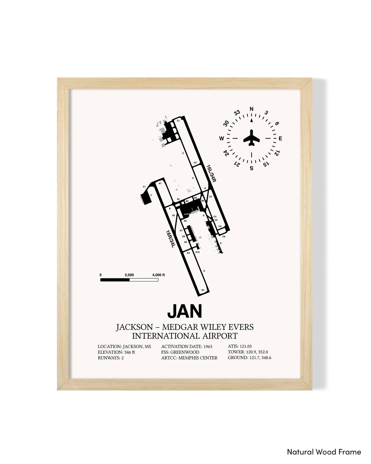 Detailed Airport Map of Jackson-Medgar Wiley Evers International Airport (JAN) in White with a Natural Frame