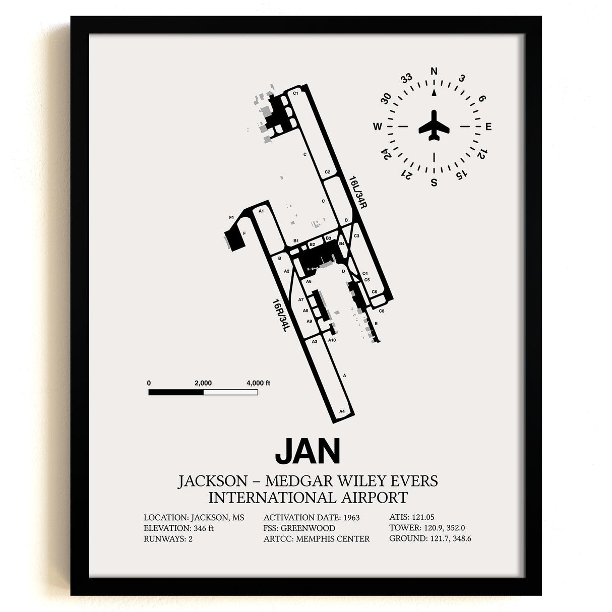Framed Detailed Airport Map of Jackson-Medgar Wiley Evers International Airport (JAN) in White with a Black Frame
