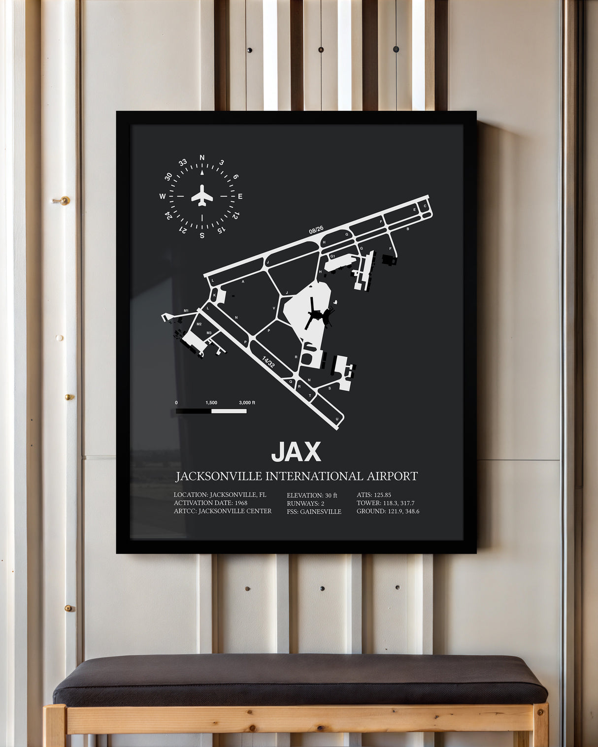 Framed Detailed Airport Map of Jacksonville International Airport (JAX) in Gray with a Black Frame