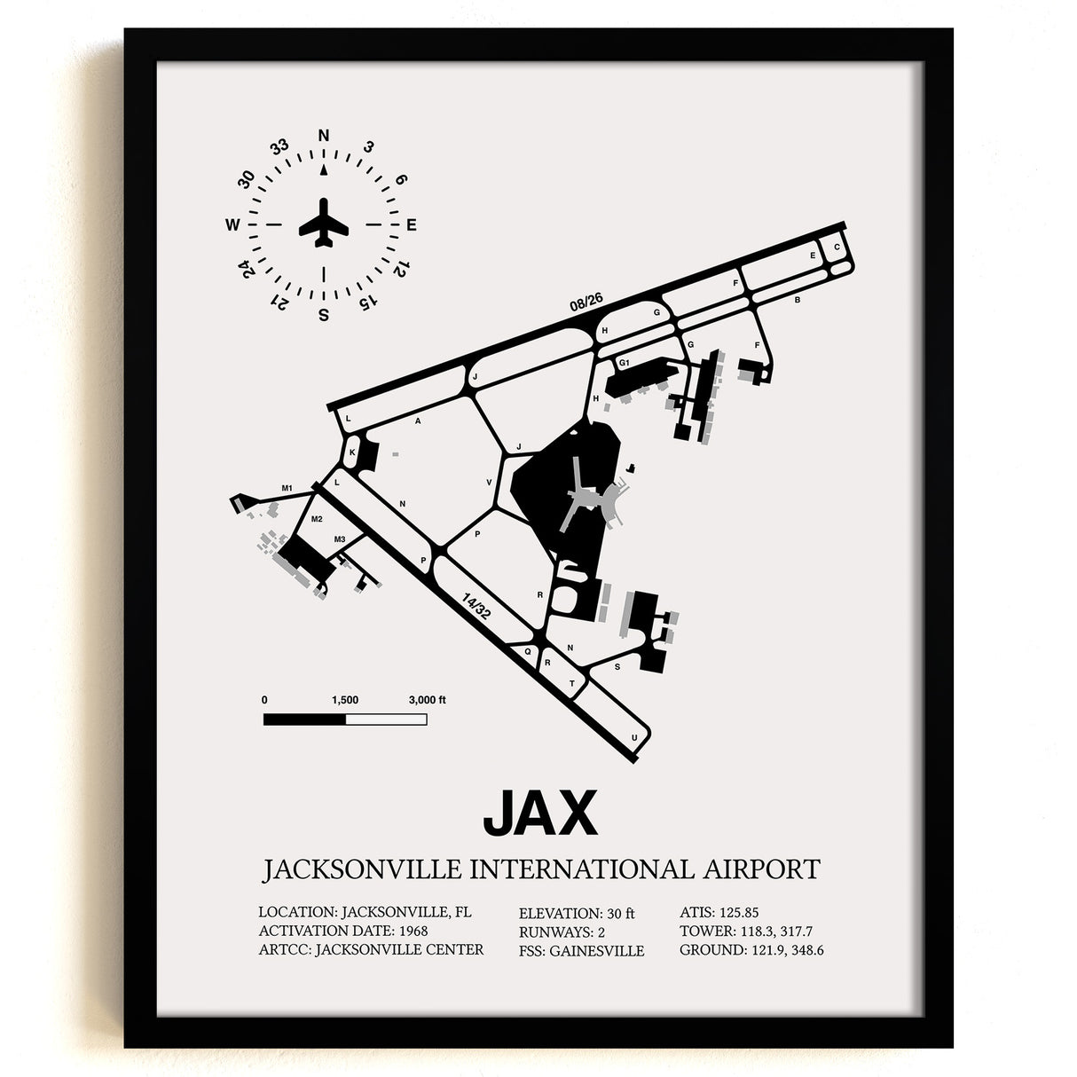 Framed Detailed Airport Map of Jacksonville International Airport (JAX) in White with a Black Frame