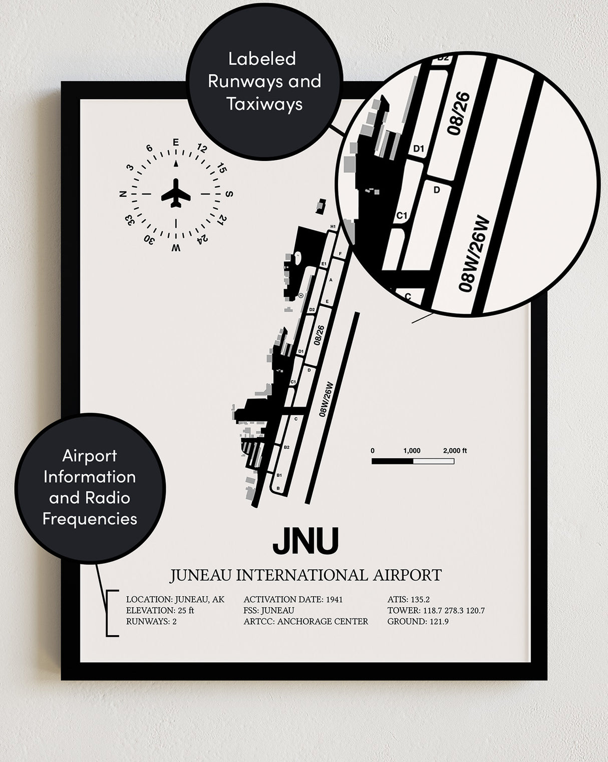 Framed Detailed Airport Map of Juneau International Airport (JNU) in White with a Black Frame