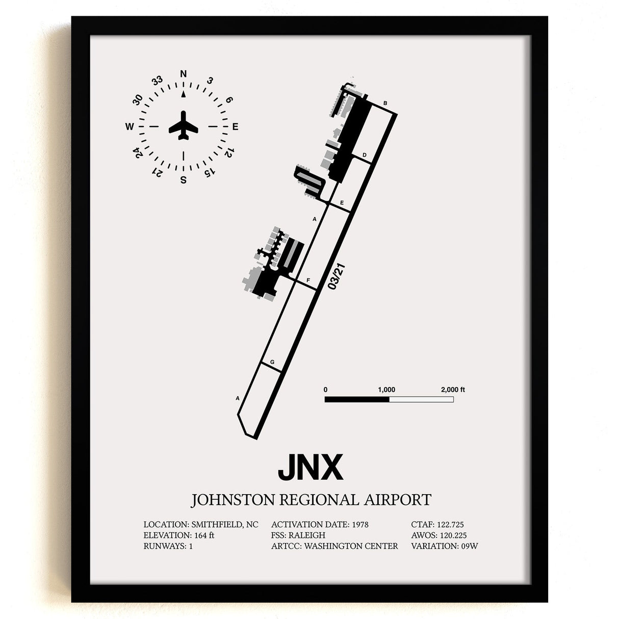 Framed Detailed Airport Map of Johnston Regional Airport (JNX) in White with a Black Frame