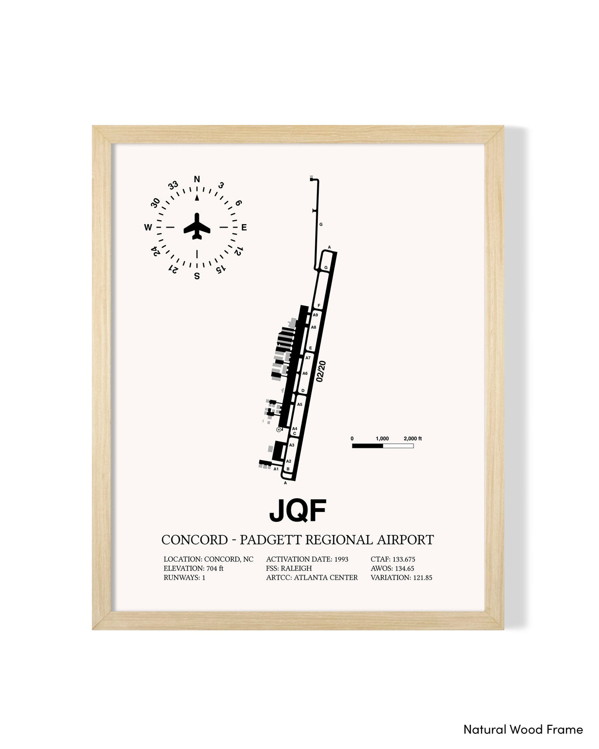 Detailed Airport Map of Concord - Padgett Regional Airport (JQF) in White with a Natural Frame