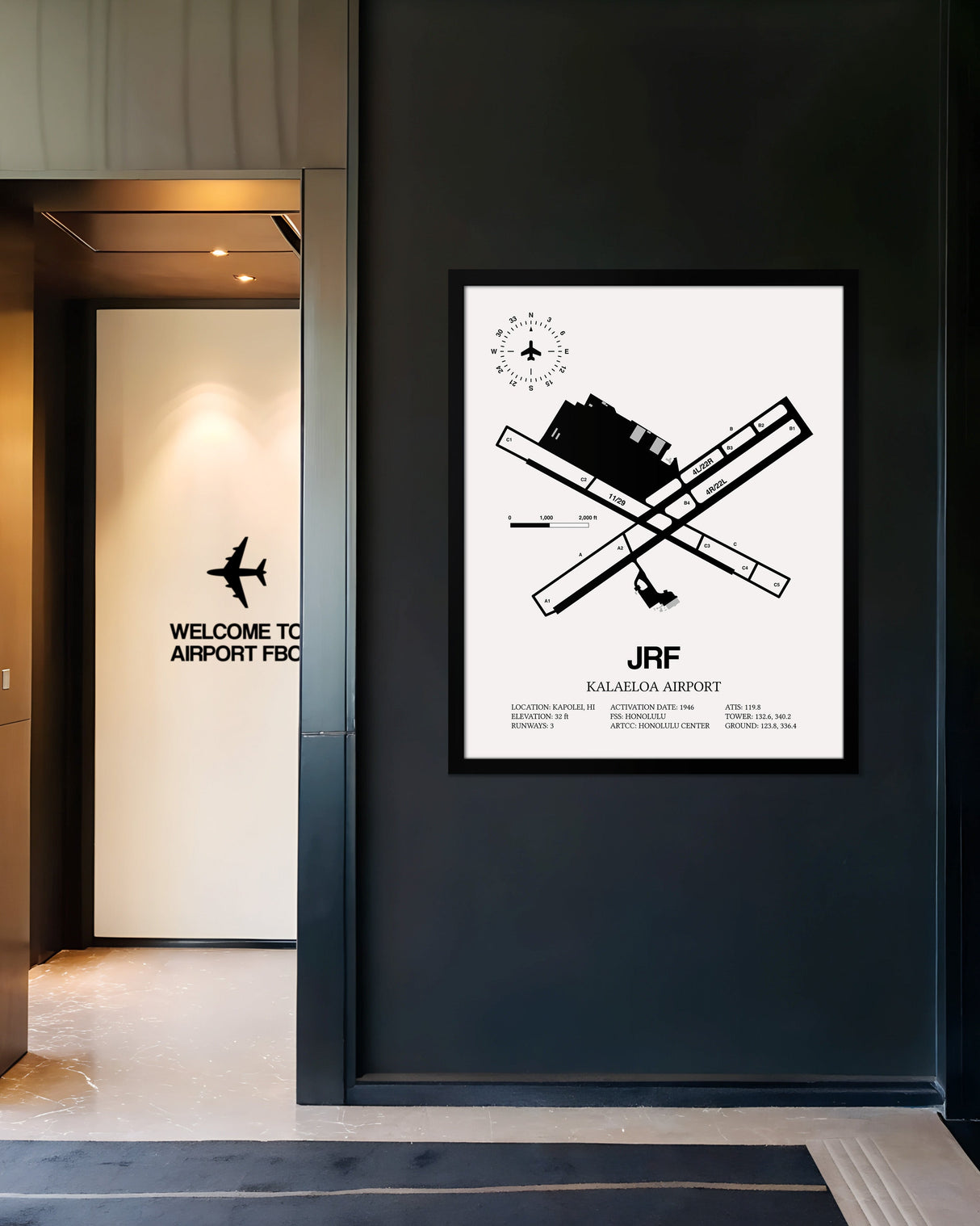 Framed Detailed Airport Map of Kalaeloa Airport (John Rodgers Field) (JRF) in White with a Black Frame