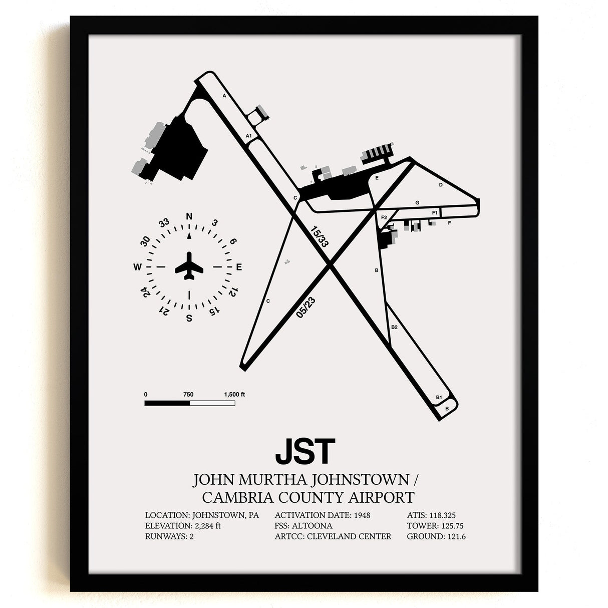 Framed Detailed Airport Map of John Murtha Johnstown / Cambria County Airport (JST) in White with a Black Frame
