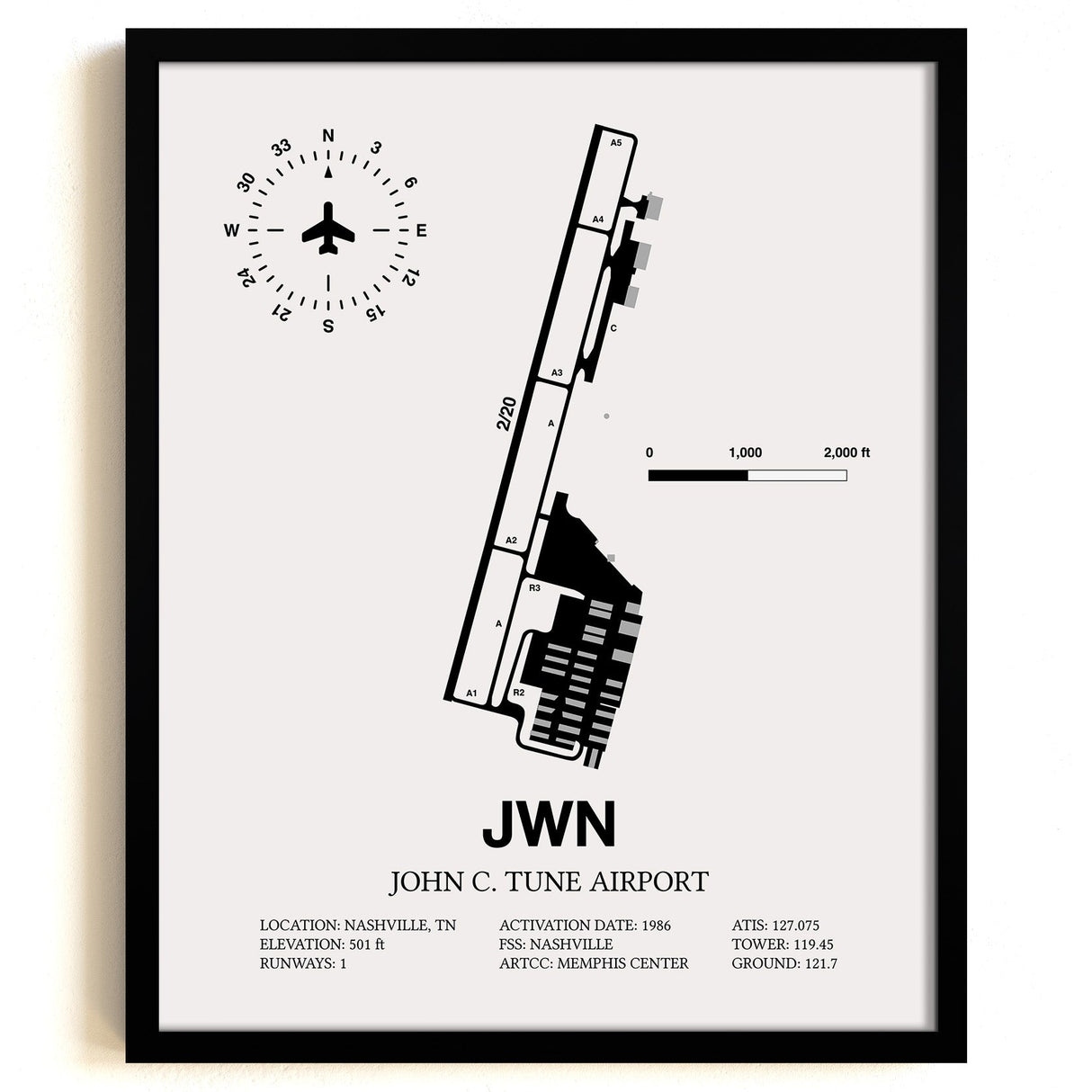 Framed Detailed Airport Map of John C. Tune Airport (JWN) in White with a Black Frame