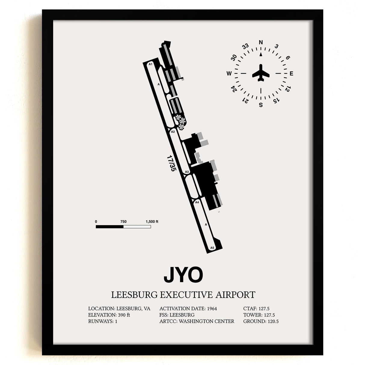Framed Detailed Airport Map of Leesburg Executive Airport (JYO) in White with a Black Frame
