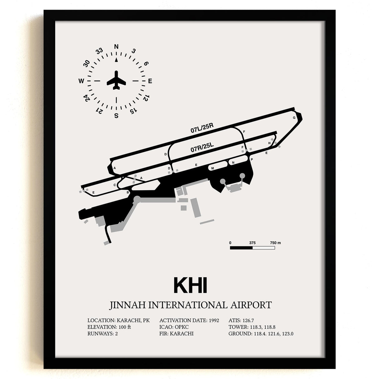 Framed Detailed Airport Map of Jinnah International Airport (KHI) in White with a Black Frame