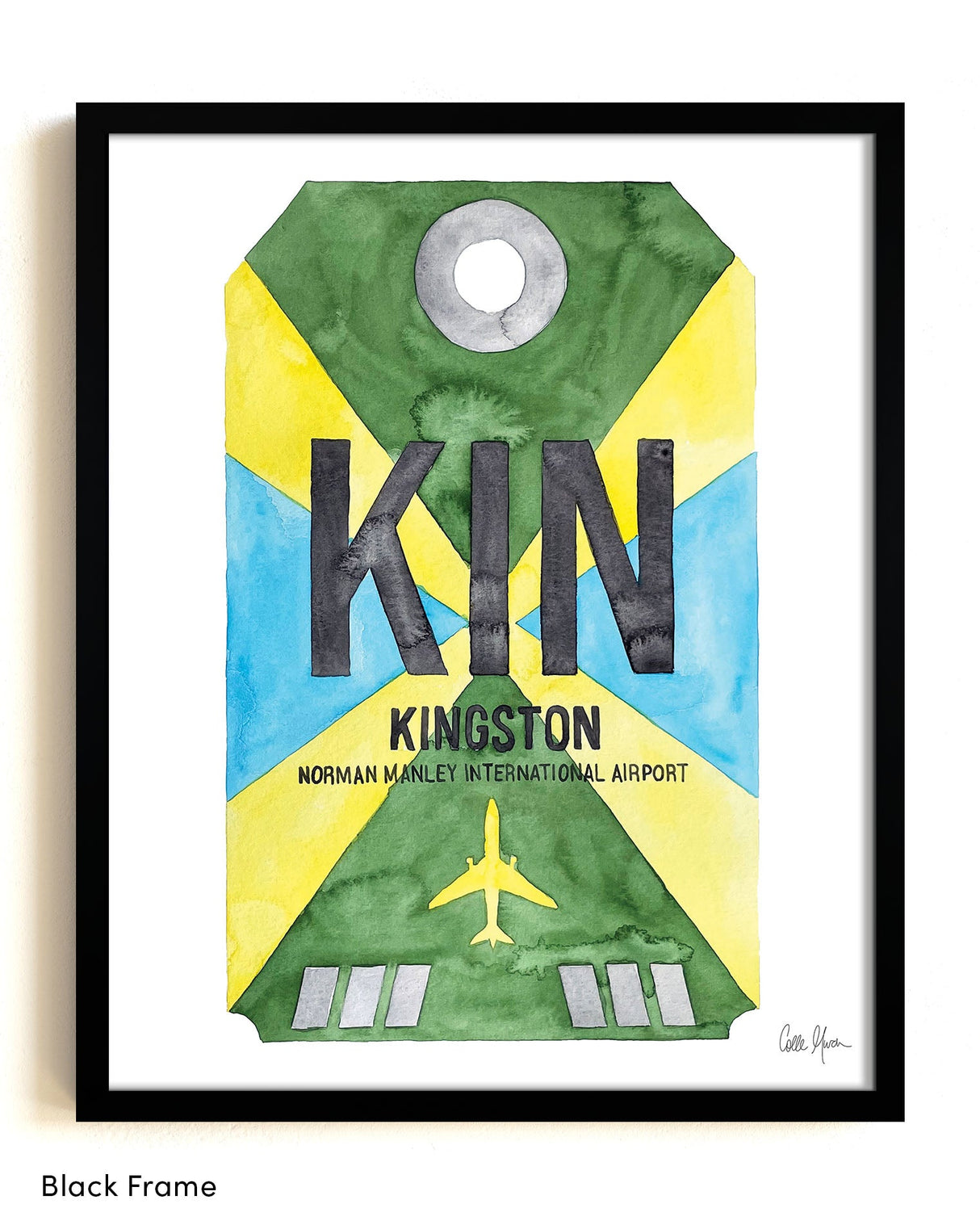 Framed Watercolor Print of Norman Manley International Airport (KIN) with a Black Frame