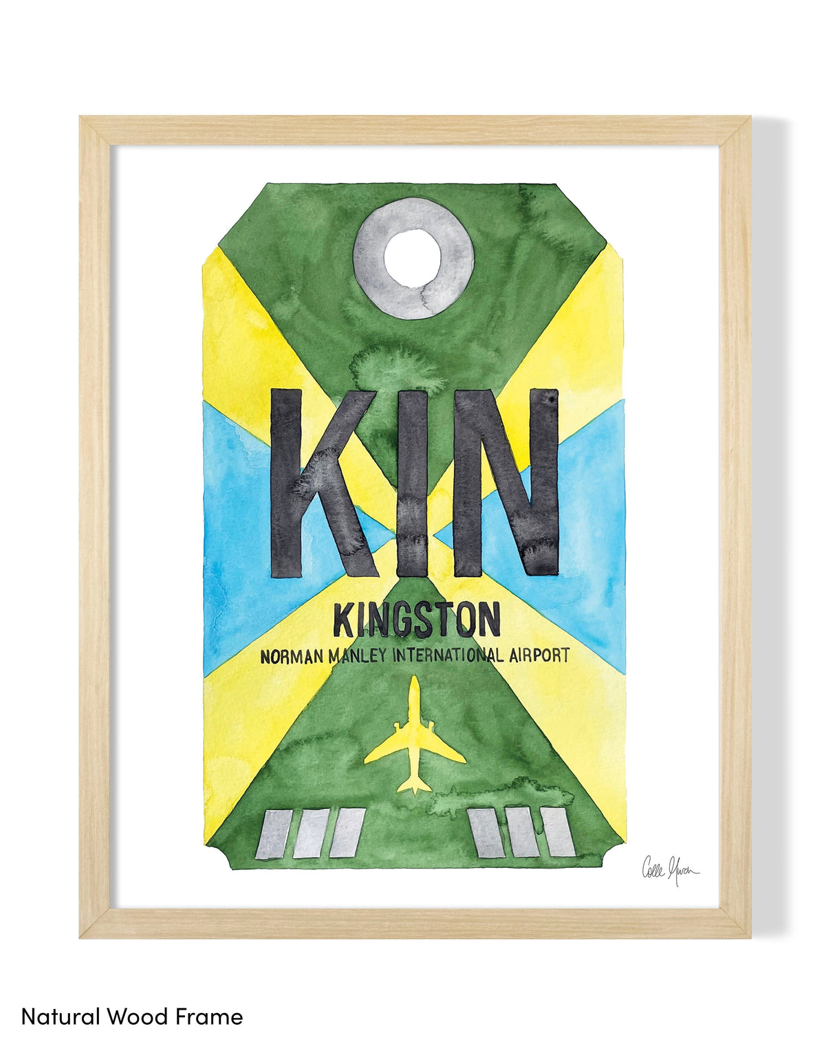 Framed Watercolor Print of Norman Manley International Airport (KIN) with a Natural Wood Frame