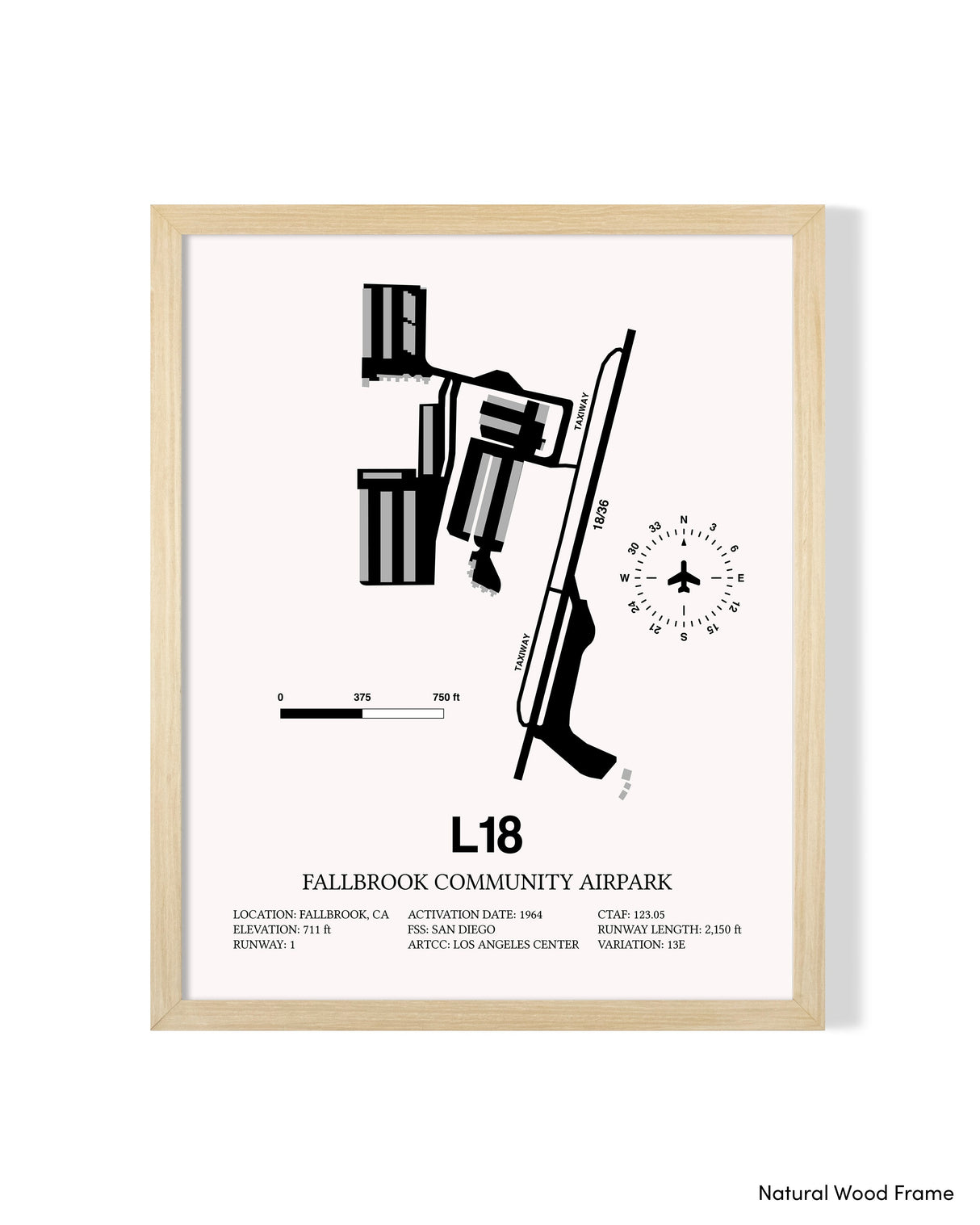Detailed Airport Map of Fallbrook Community Airpark (L18) in White with a Natural Frame