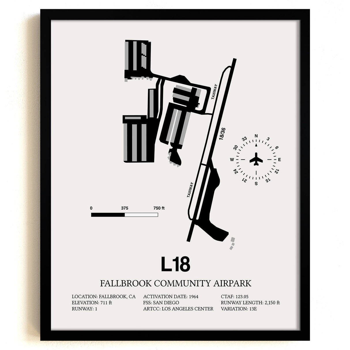 Framed Detailed Airport Map of Fallbrook Community Airpark (L18) in White with a Black Frame