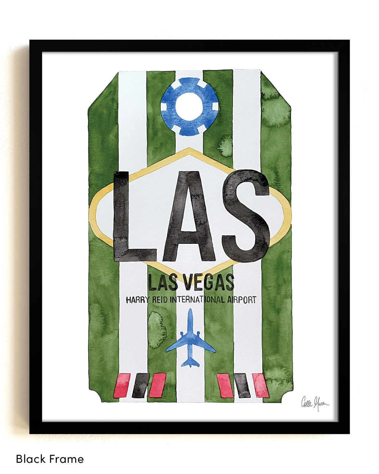 Framed Watercolor Print of Harry Reid International Airport (LAS) with a Black Frame