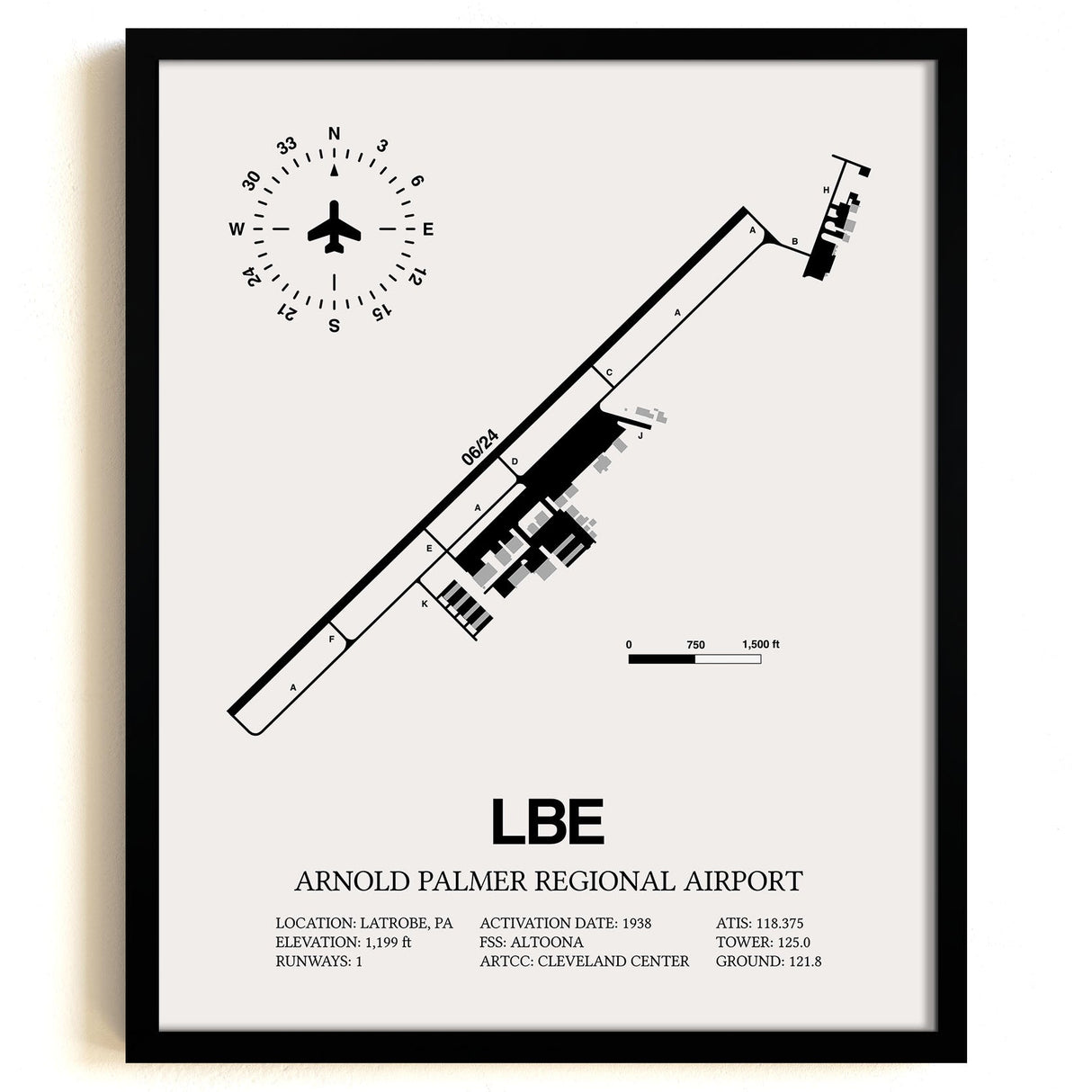 Framed Detailed Airport Map of Arnold Palmer Regional Airport (LBE) in White with a Black Frame
