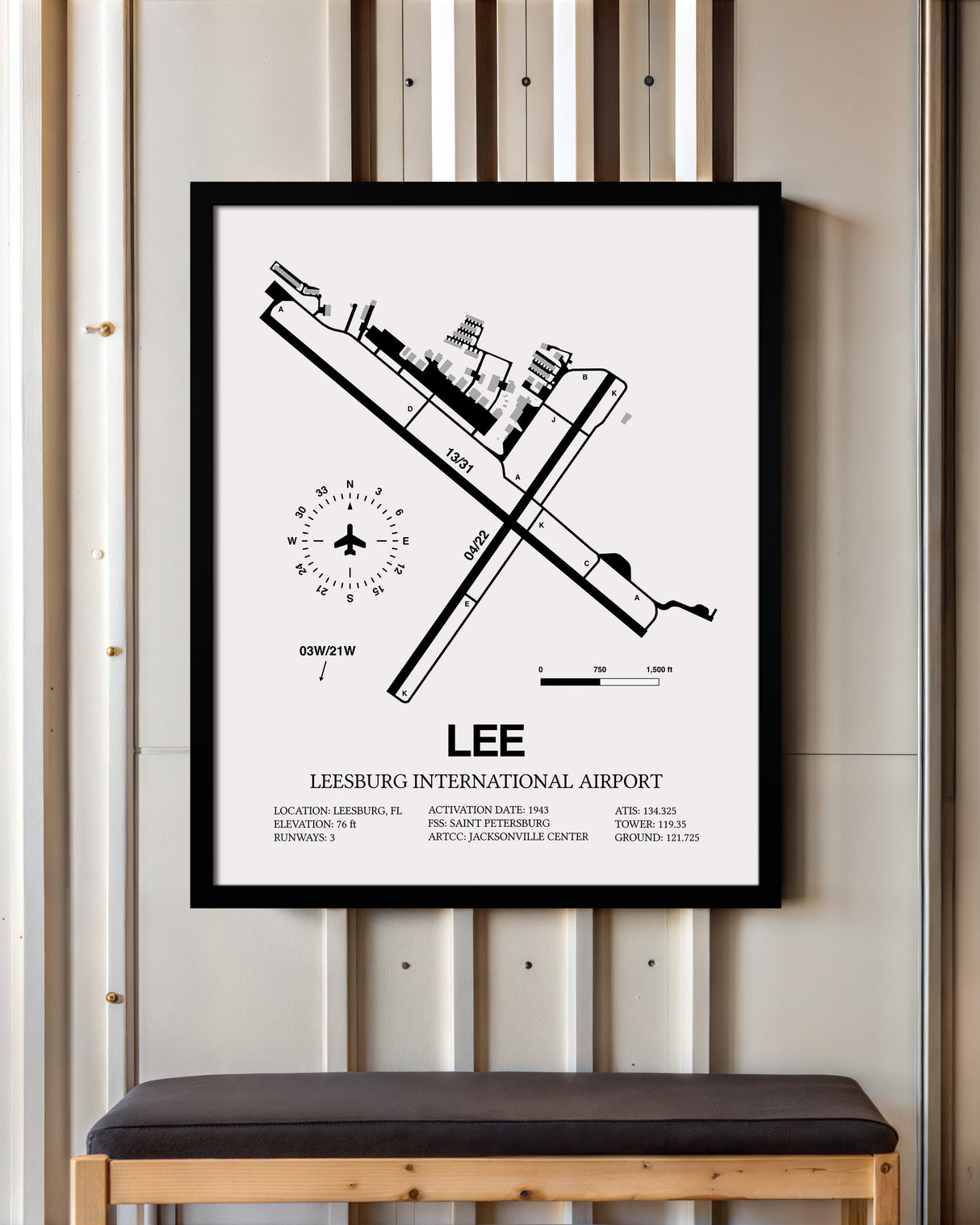 Framed Detailed Airport Map of Leesburg International Airport (LEE) in White with a Black Frame