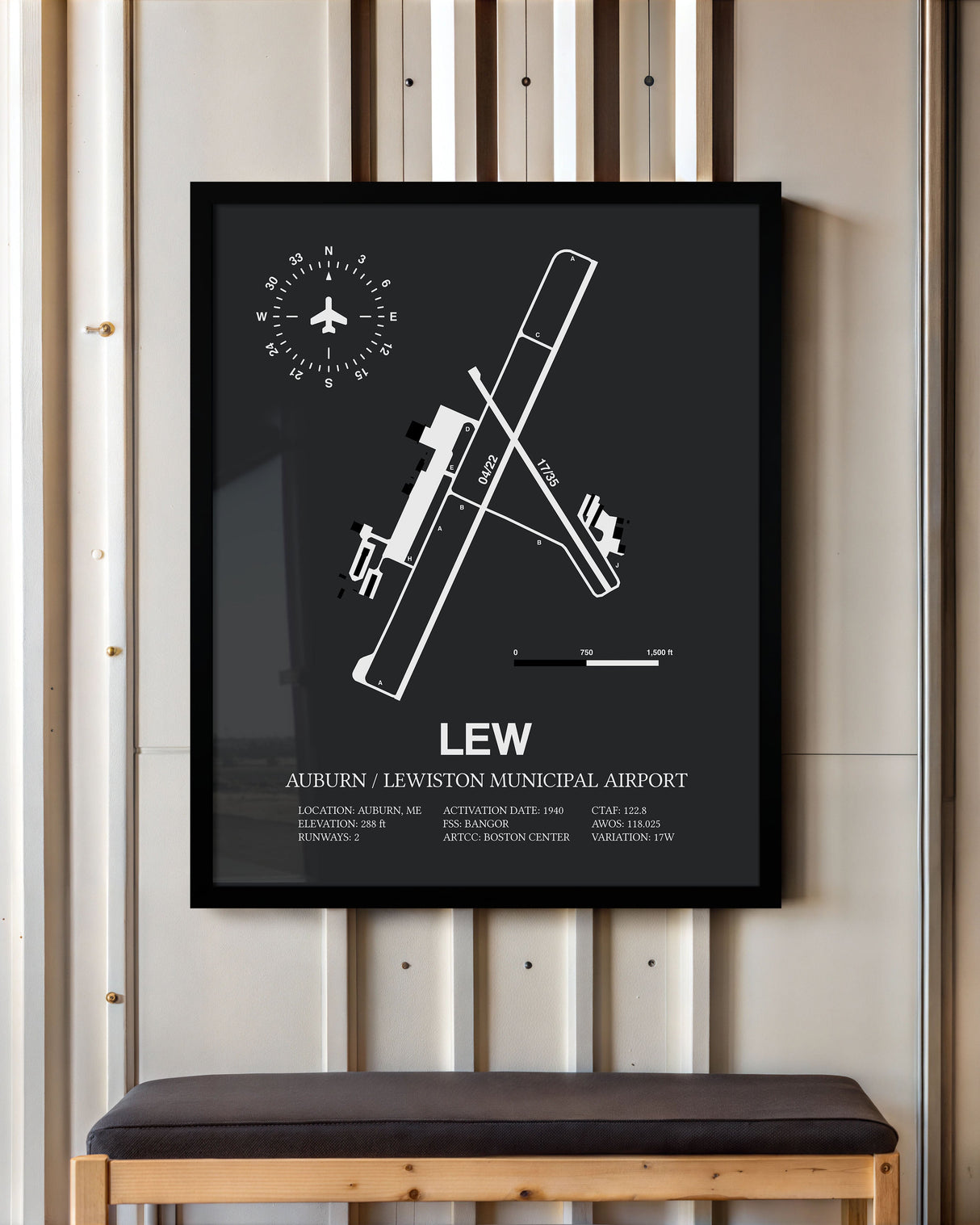 Framed Detailed Airport Map of Auburn / Lewiston Municipal Airport (LEW) in Gray with a Black Frame