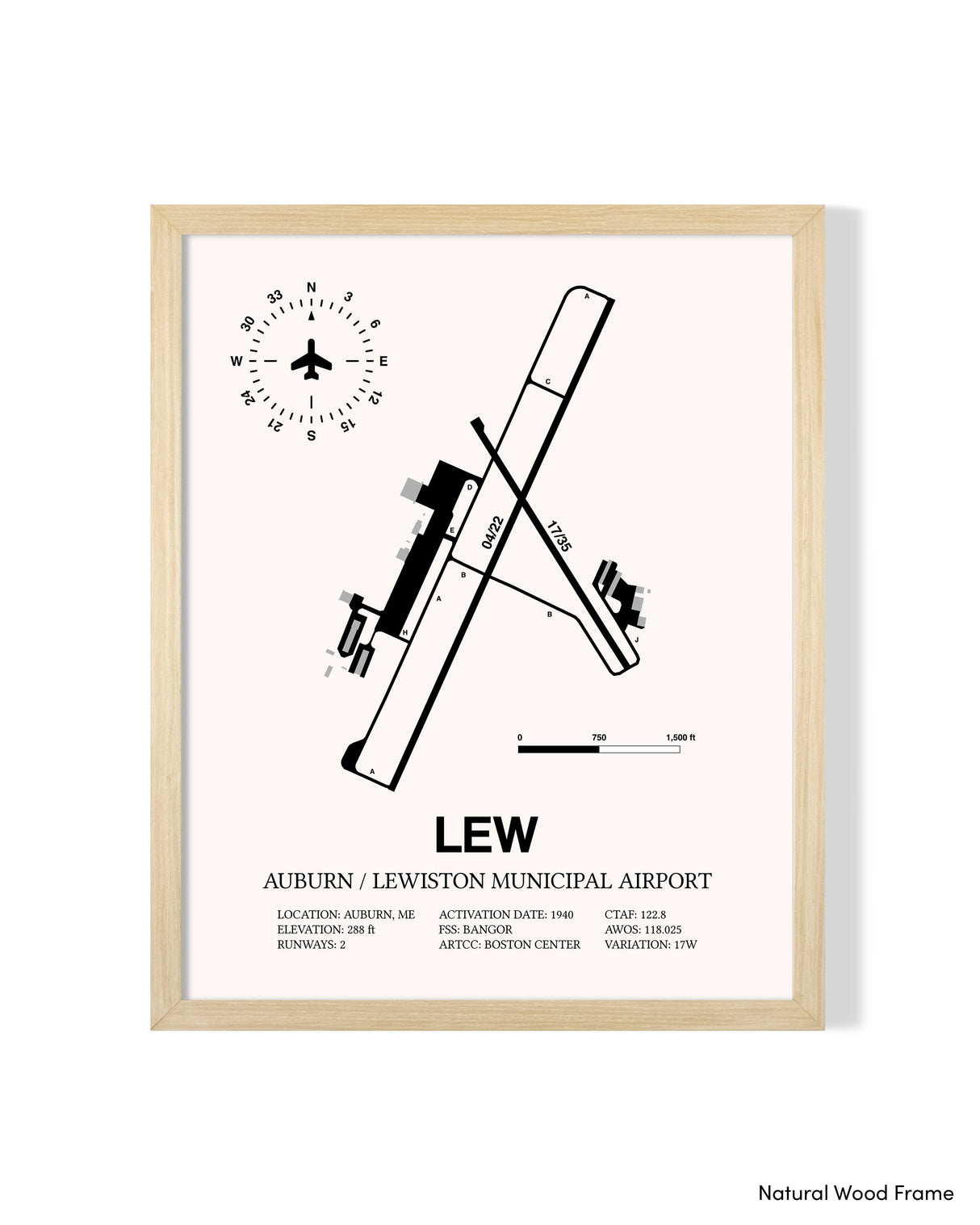 Detailed Airport Map of Auburn / Lewiston Municipal Airport (LEW) in White with a Natural Frame