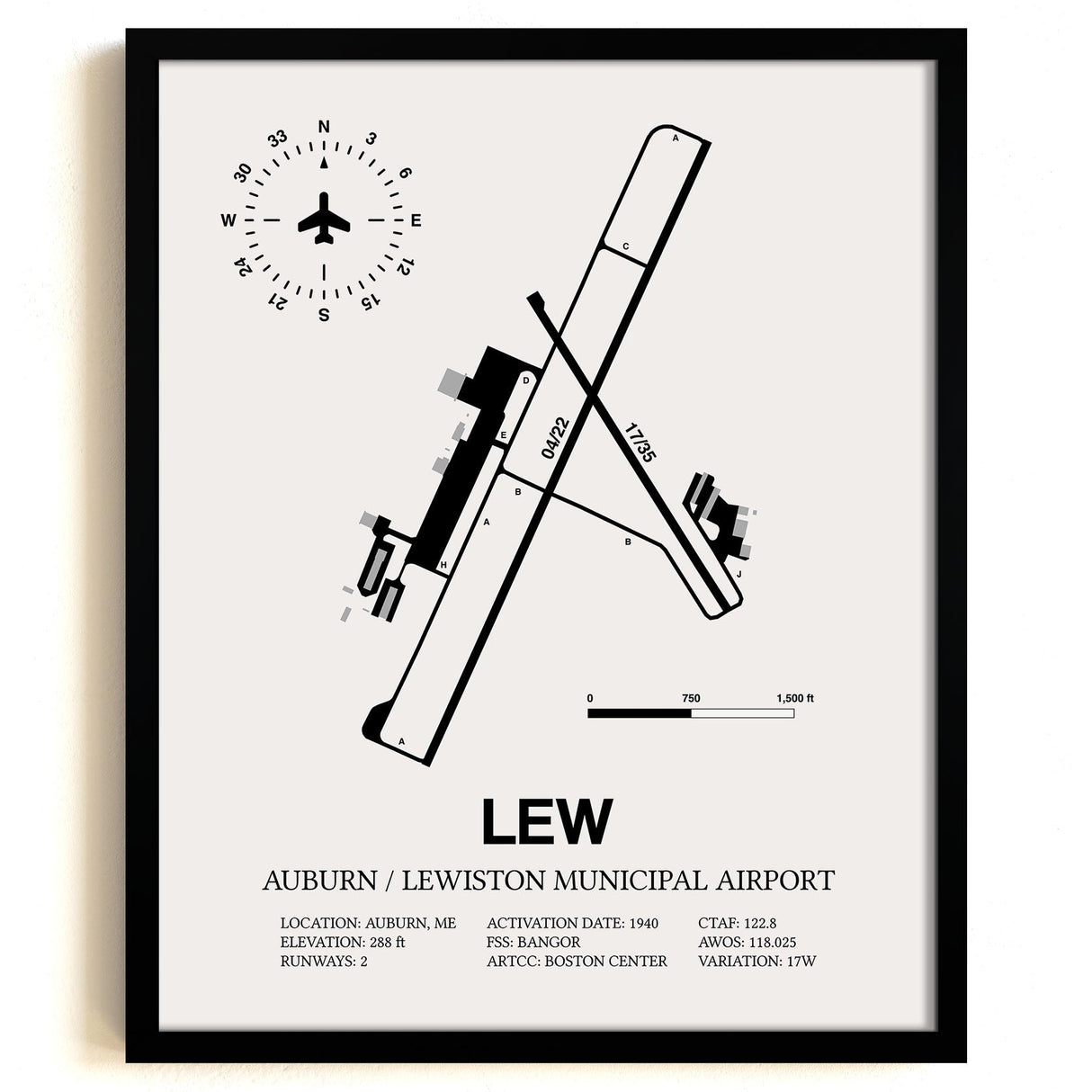 Framed Detailed Airport Map of Auburn / Lewiston Municipal Airport (LEW) in White with a Black Frame