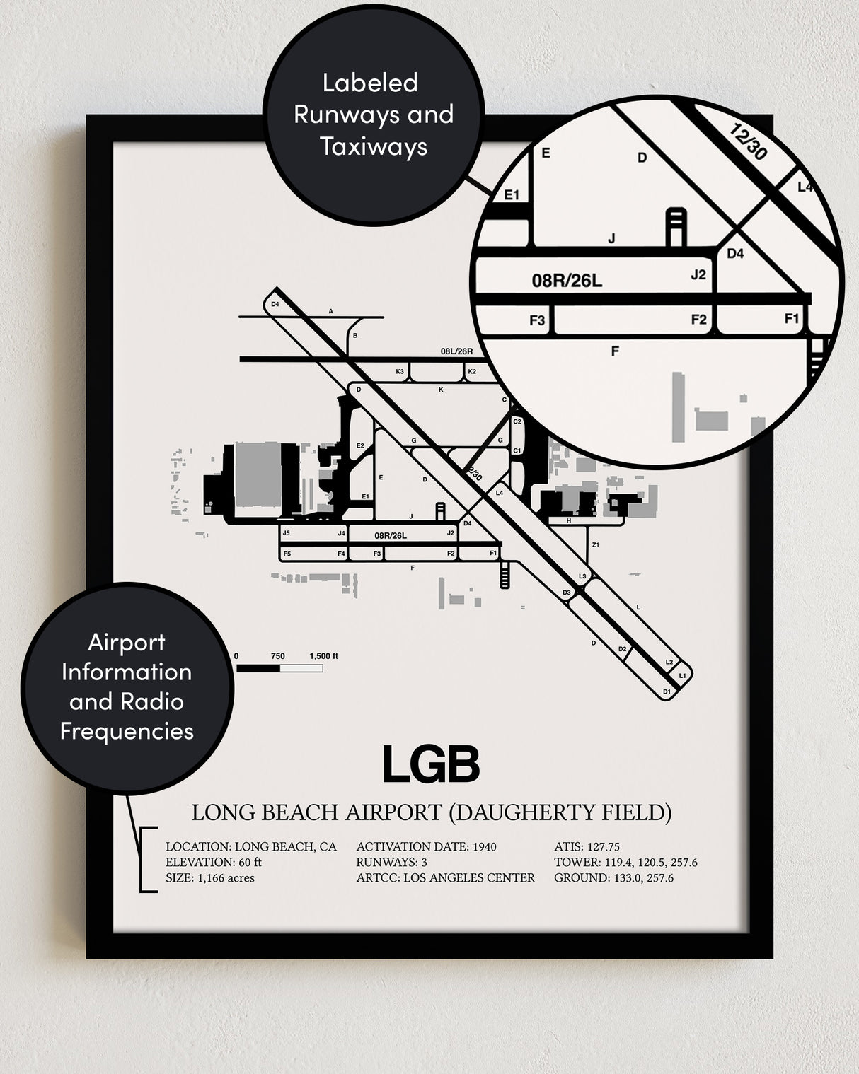 Framed Detailed Airport Map of Long Beach Airport (Daugherty Field) (LGB) in White with a Black Frame