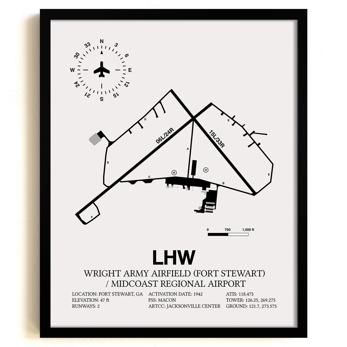 Framed Detailed Airport Map of Wright Army Airfield (Fort Stewart) / Midcoast Regional Airport (LHW) in White with a Black Frame