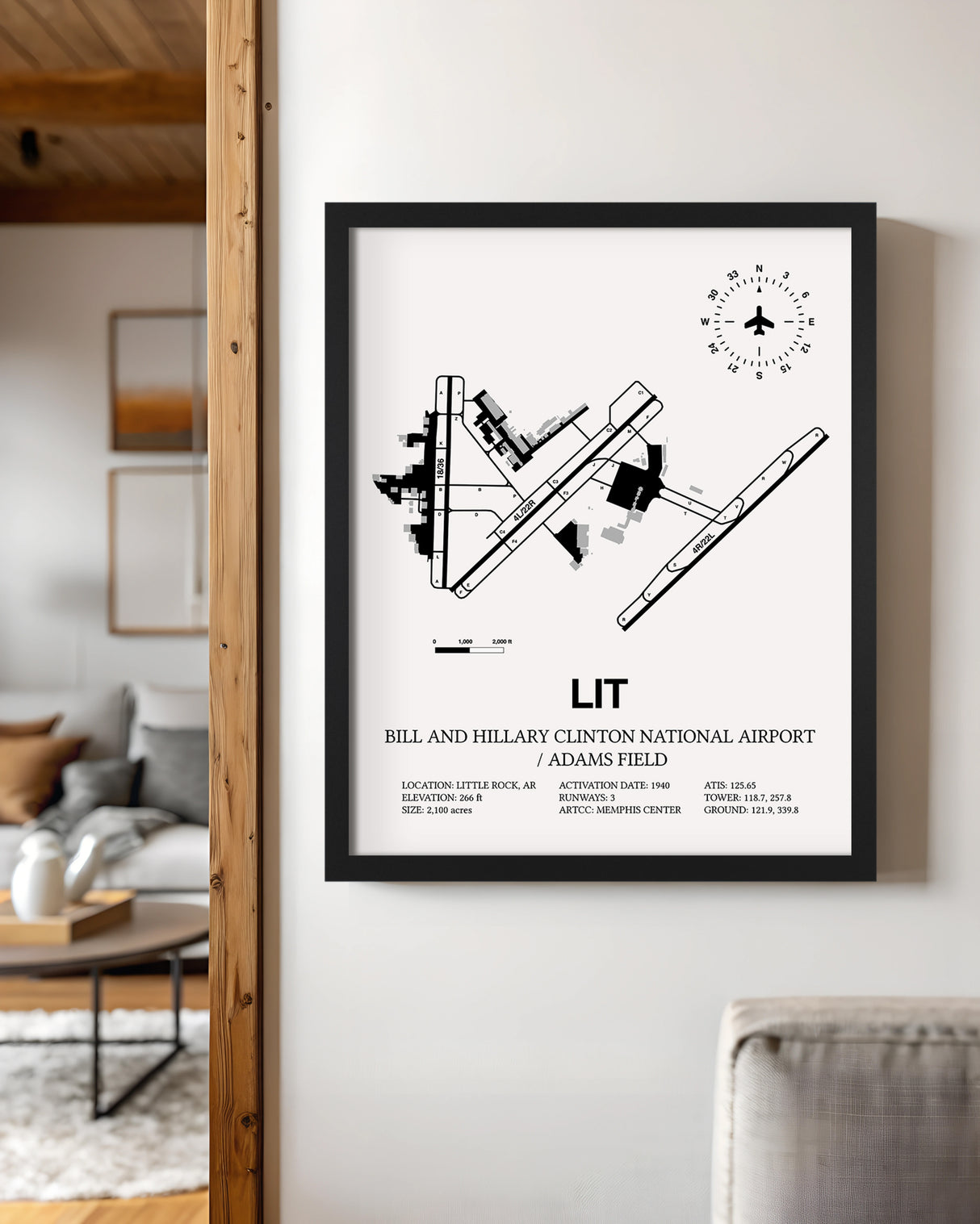 Framed Detailed Airport Map of Bill & Hillary Clinton National Airport/Adams Field (LIT) in White with a Black Frame
